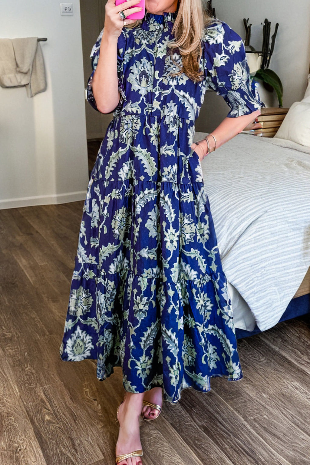 Blue Wild Floral Print Frilled Collar Half Sleeve Long Dress 🇺🇸