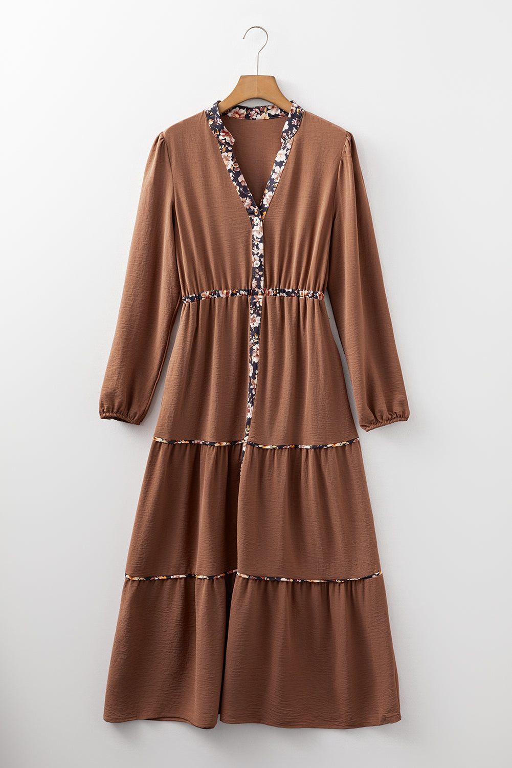 Chestnut Floral Patchwork Detail Notched Neck Long Sleeve Maxi Dress 🇺🇸