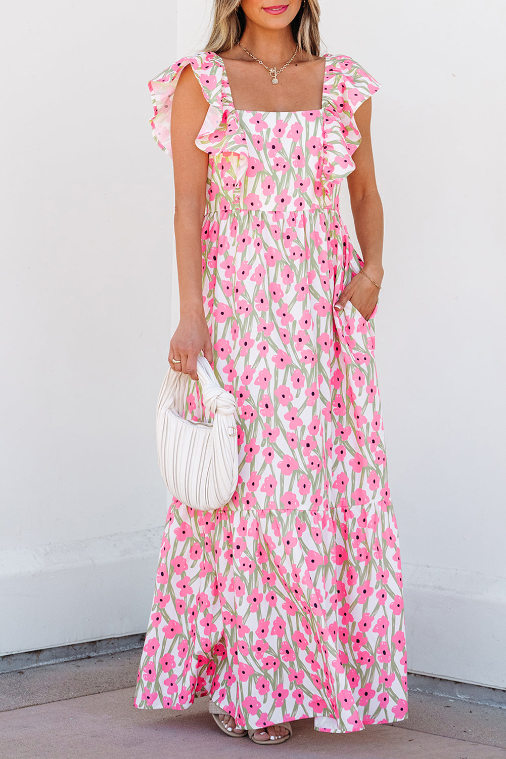 Pink Floral Print Square Neck Ruffled Strap Maxi Dress 🇺🇸