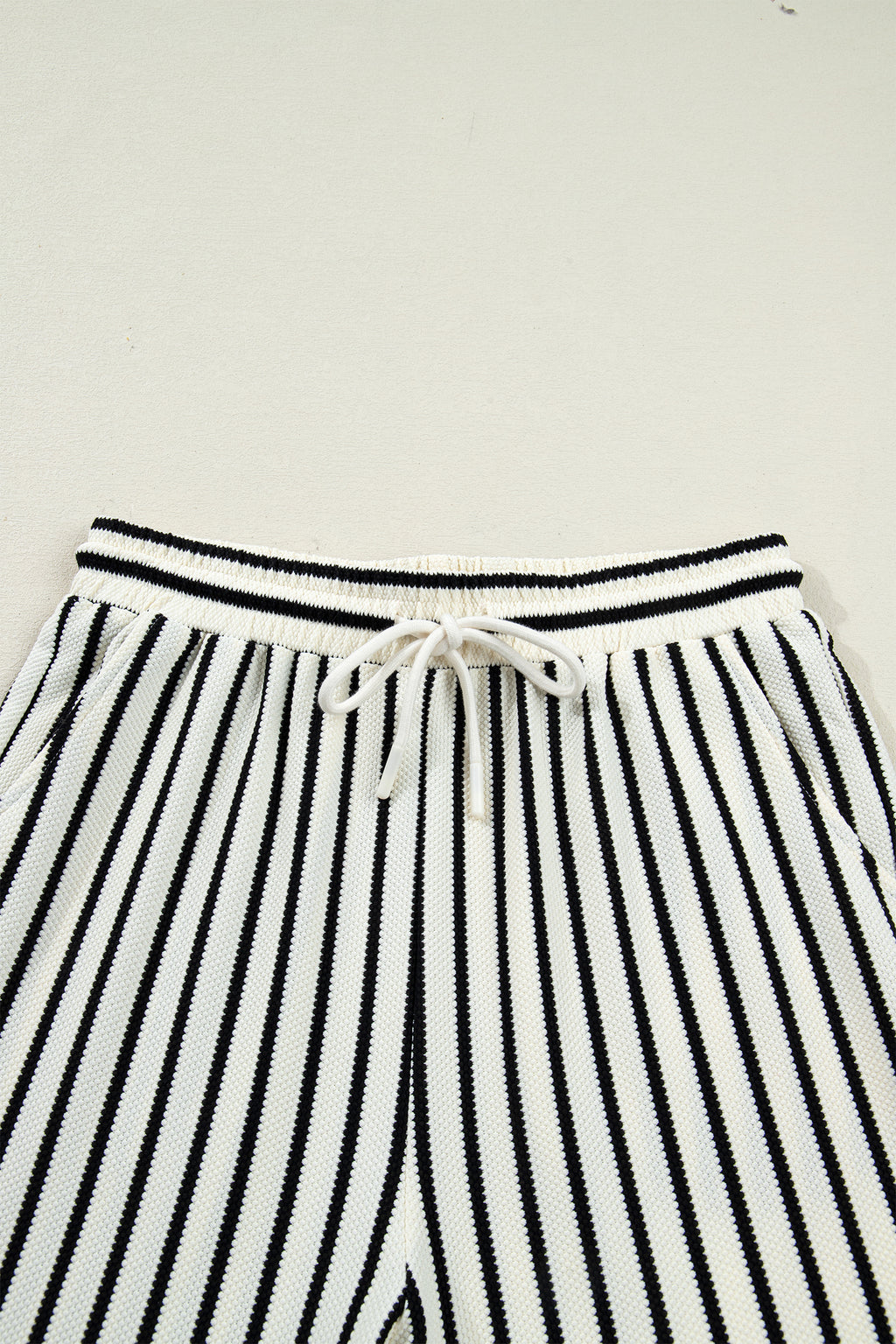 White Stripe Ruffle Trim Drop Shoulder Top Drawstring Loose Pant Set 🇺🇸