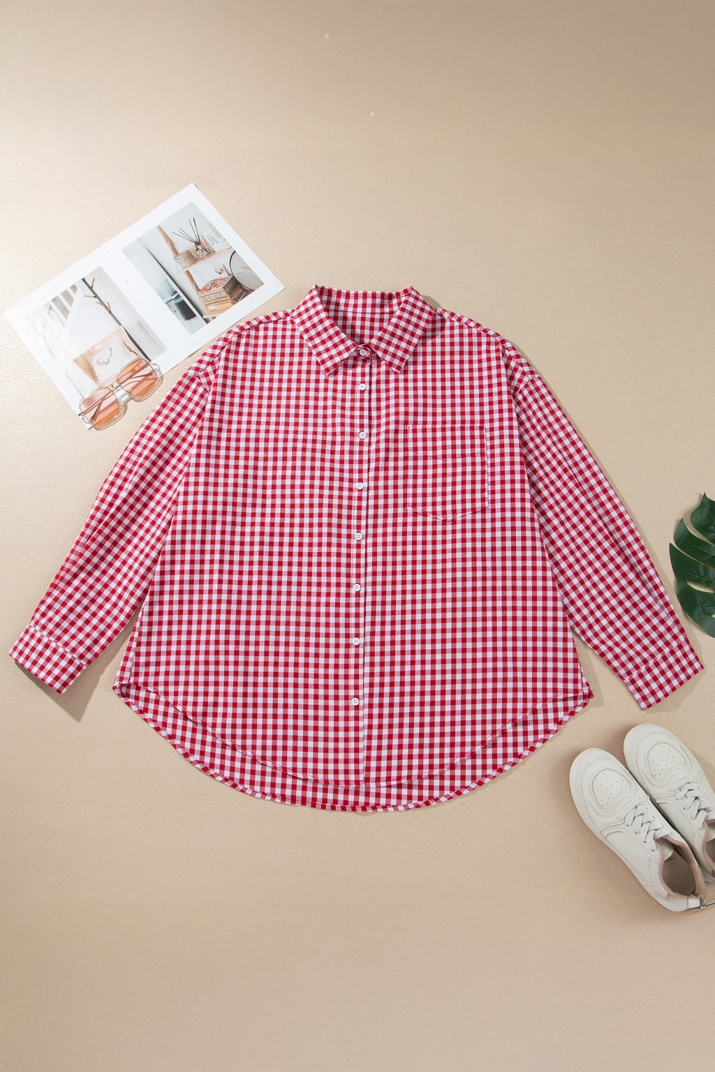 Red Plaid V Neck Long Sleeve Tunic Loose Fit Plus Size Shirt 🇺🇸