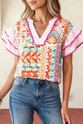 Rose Boho Mixed Print Contrast Trim Striped Patchwork Tiered Short Sleeve Blouse 🇺🇸