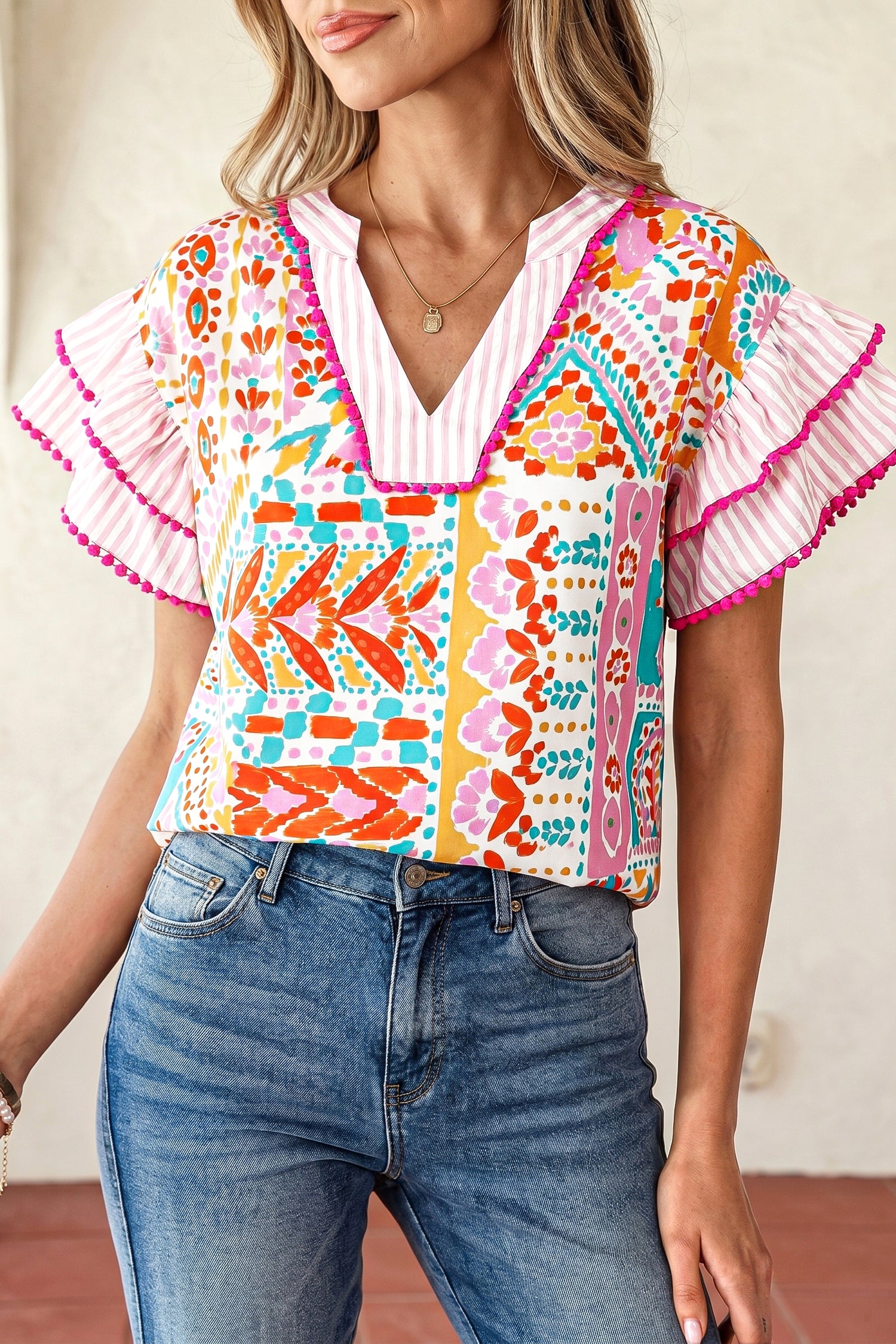 Rose Boho Mixed Print Contrast Trim Striped Patchwork Tiered Short Sleeve Blouse 🇺🇸