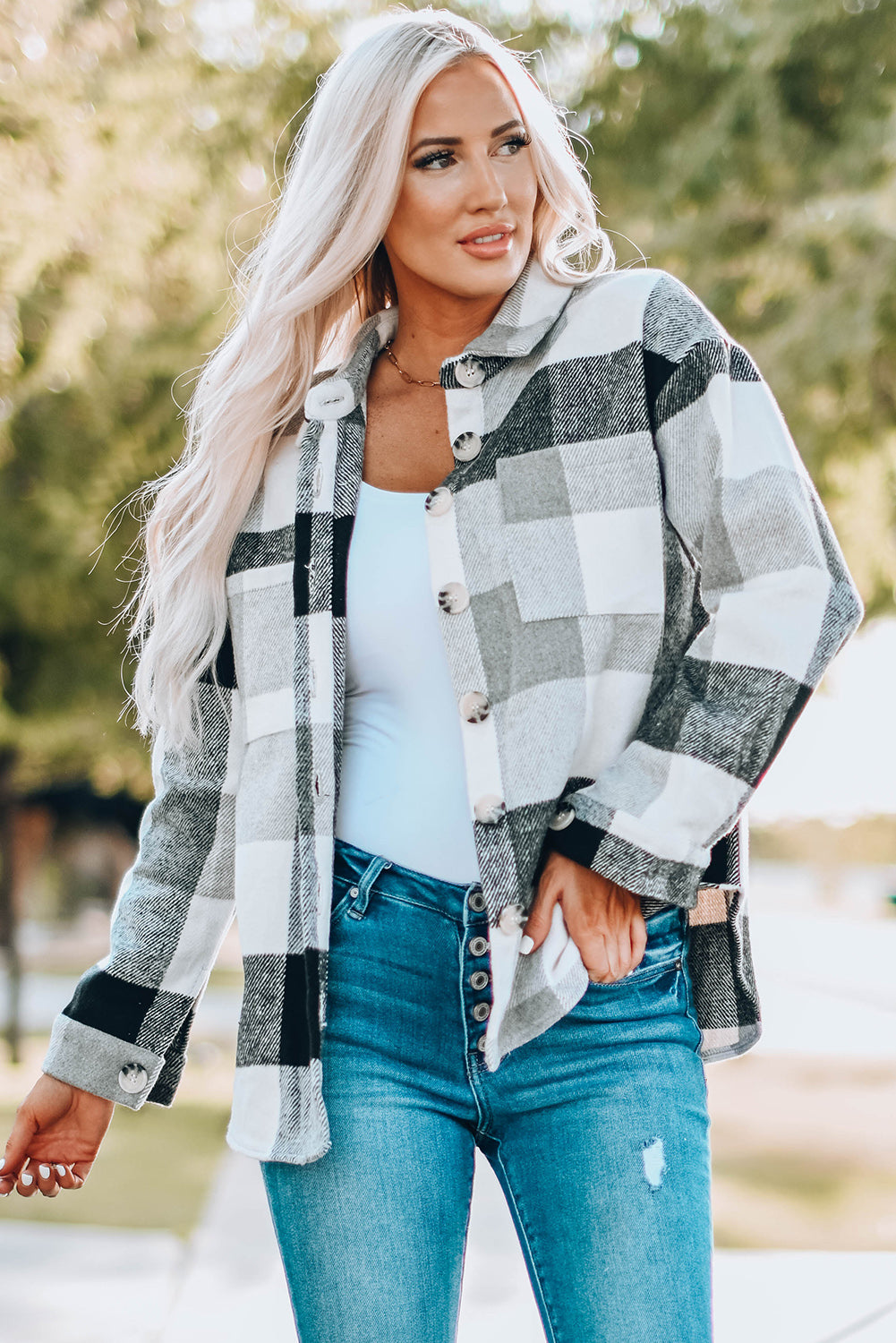Gray Plaid Color Block Buttoned Long Sleeve Jacket with Pocket 🇺🇸