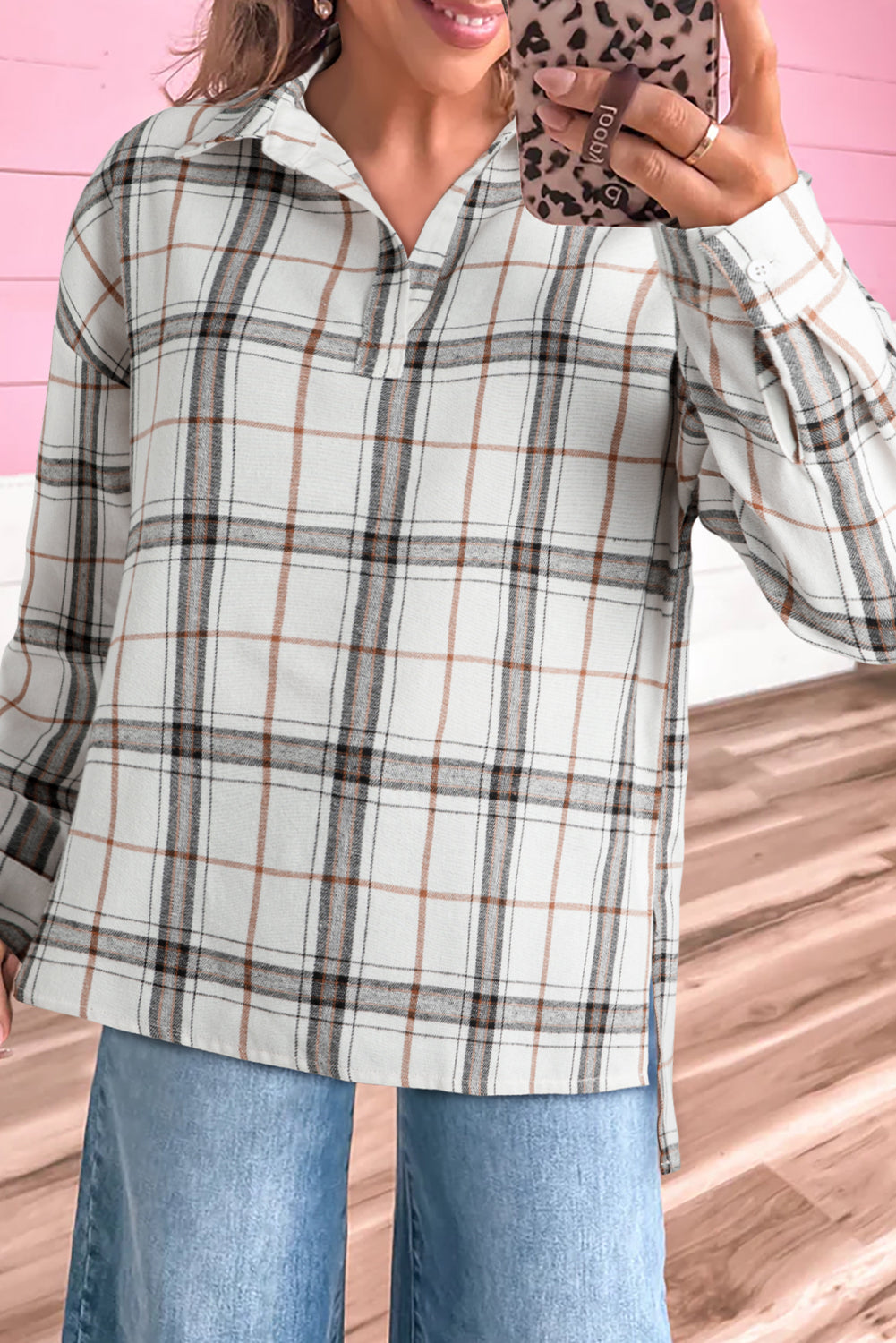 White Plaid Print Collared V Neck Loose Blouse with Side Slits 🇺🇸