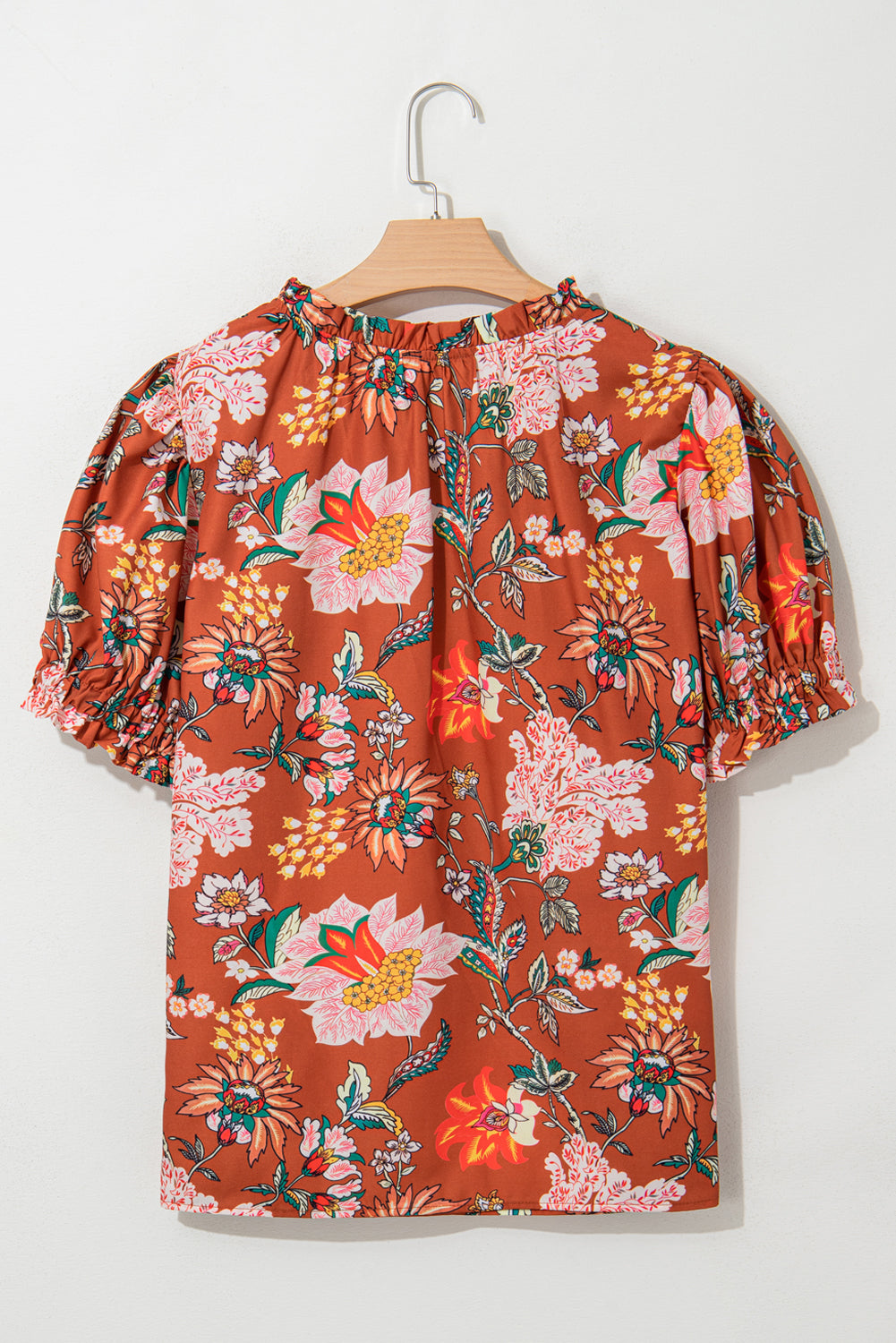 Brown Floral Stitched V Neck Frilled Trim Puff Short Sleeve Blouse 🇨🇳