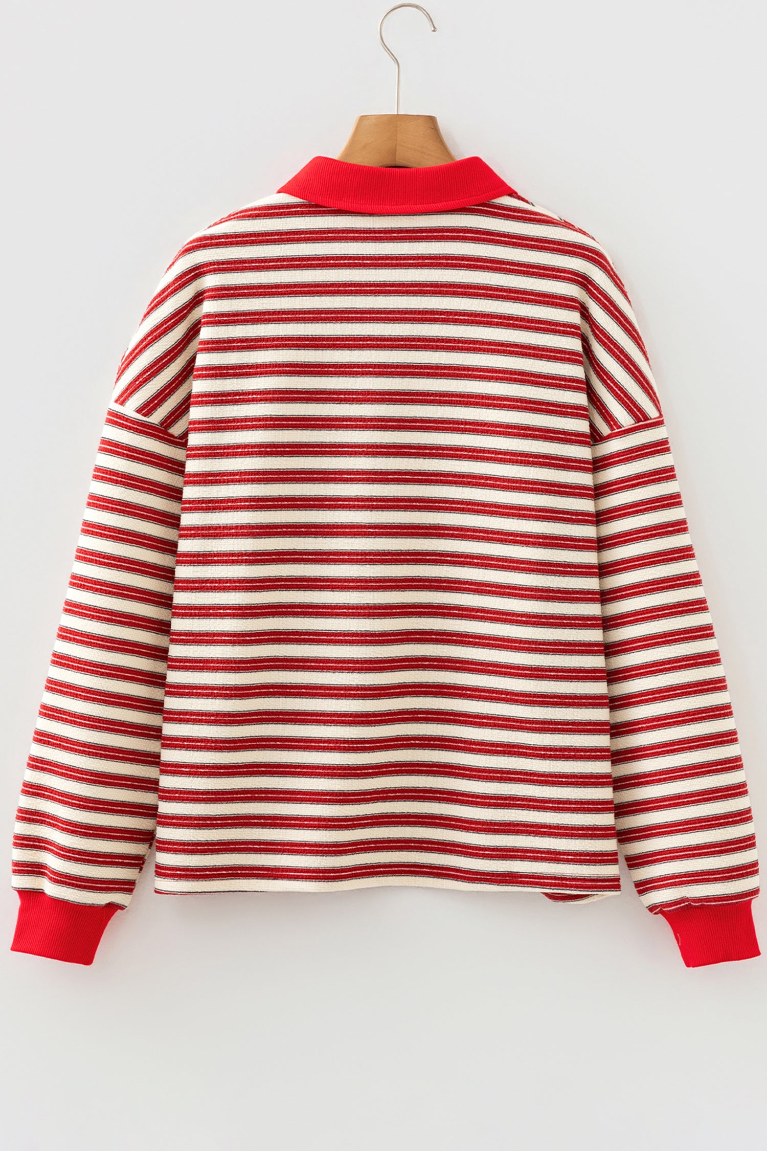 Racing Red Striped Print Contrast Collar Zip V Neck Long Sleeve Top 🇺🇸