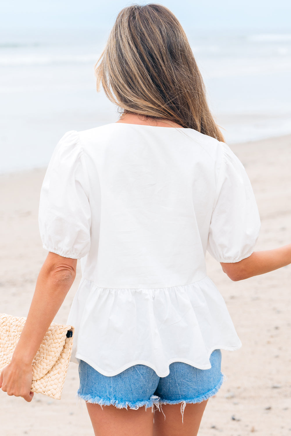 White Bow Knot Decor Square Neck Puff Sleeve Peplum Top 🇨🇳