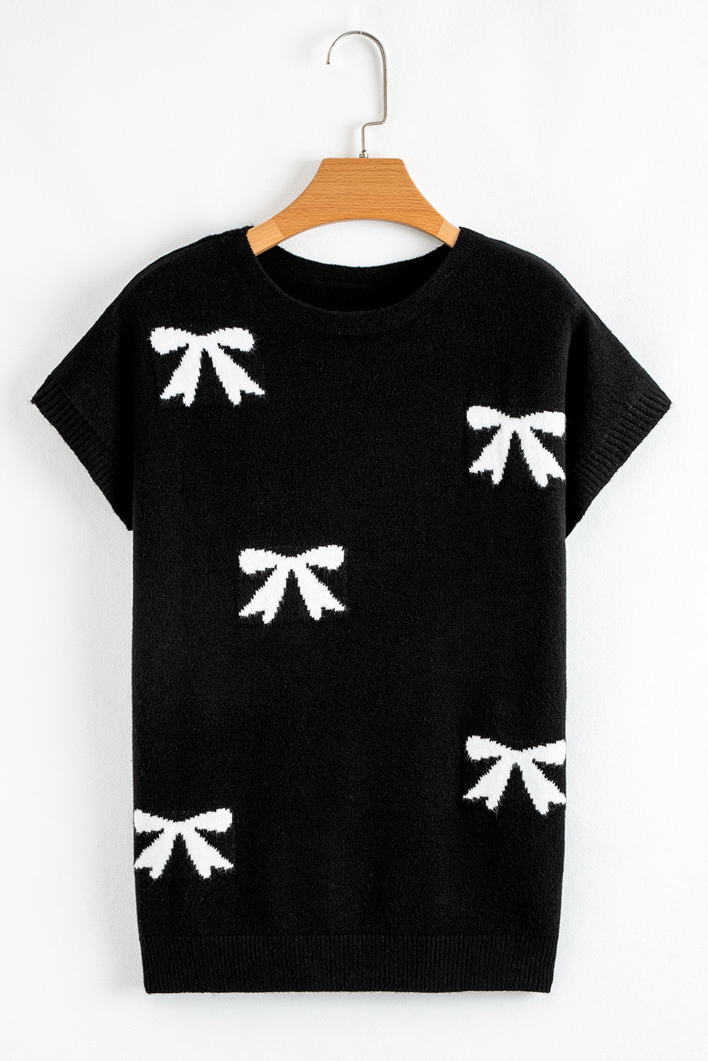 Black Bow Pattern Knit Short Sleeve Sweater 🇺🇲