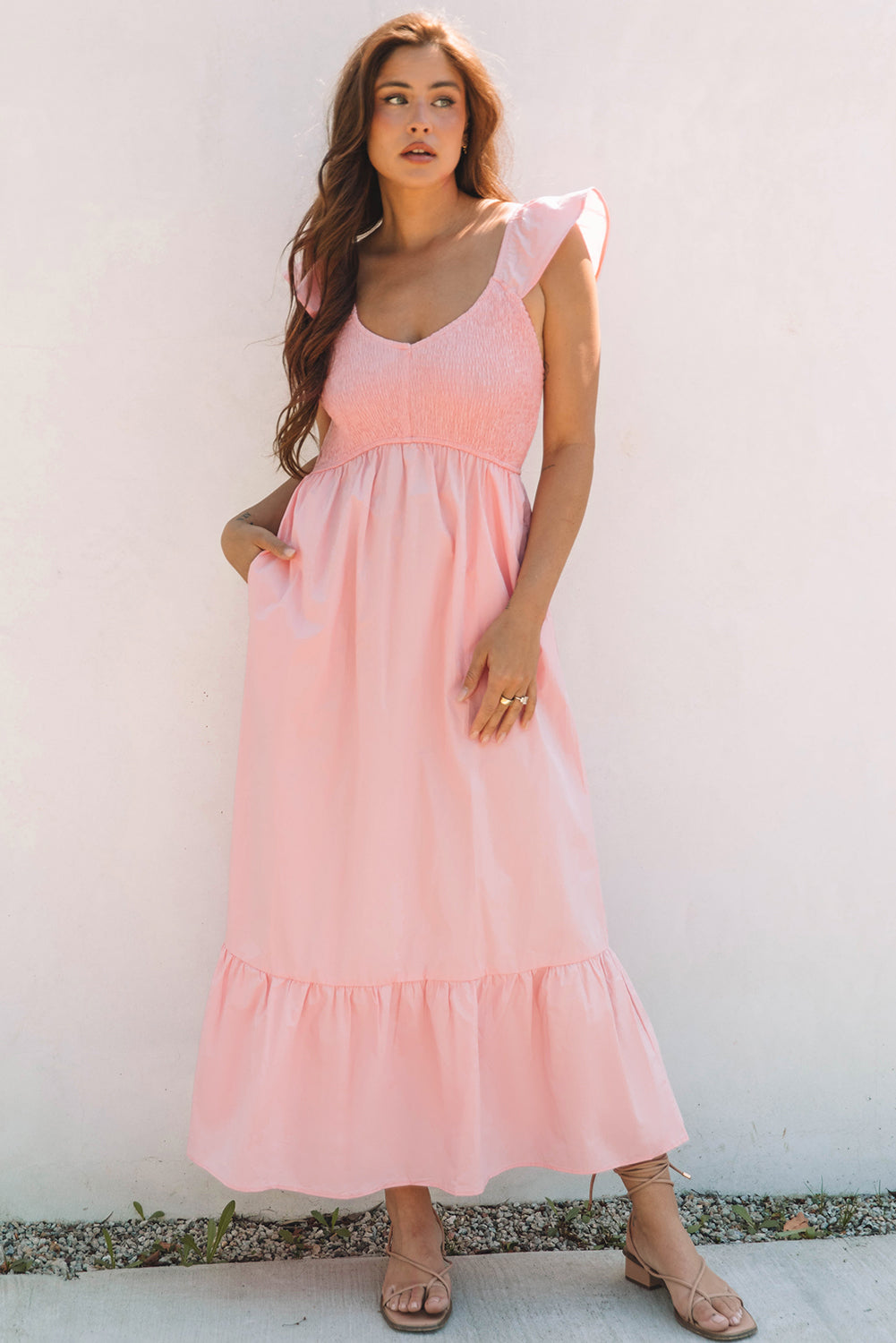 Pink V Neck Flutter Sleeve Smocked Bodice High Waist Ruffle Maxi Dress 🇨🇳