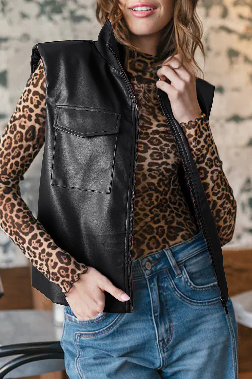 Black Double Flap Pocket Faux Leather Zip Up Stand Neck Vest 🇺🇸