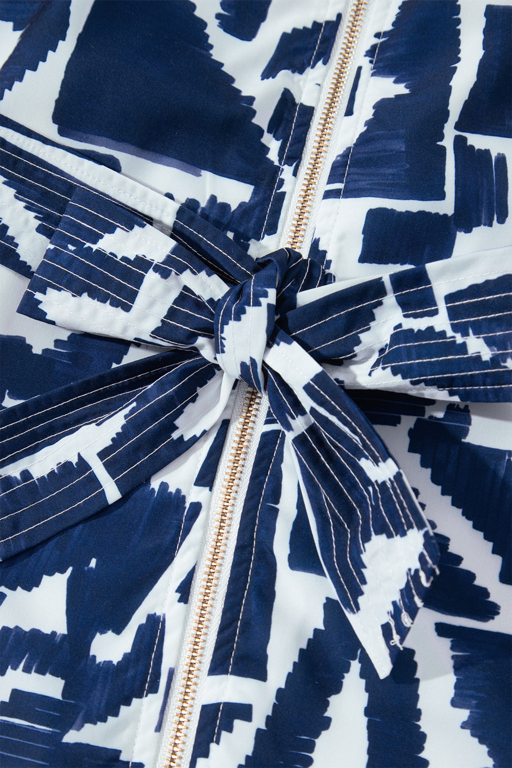 Blue Abstract Geometric Print Zip Front Tie Waist Shift Dress 🇺🇸
