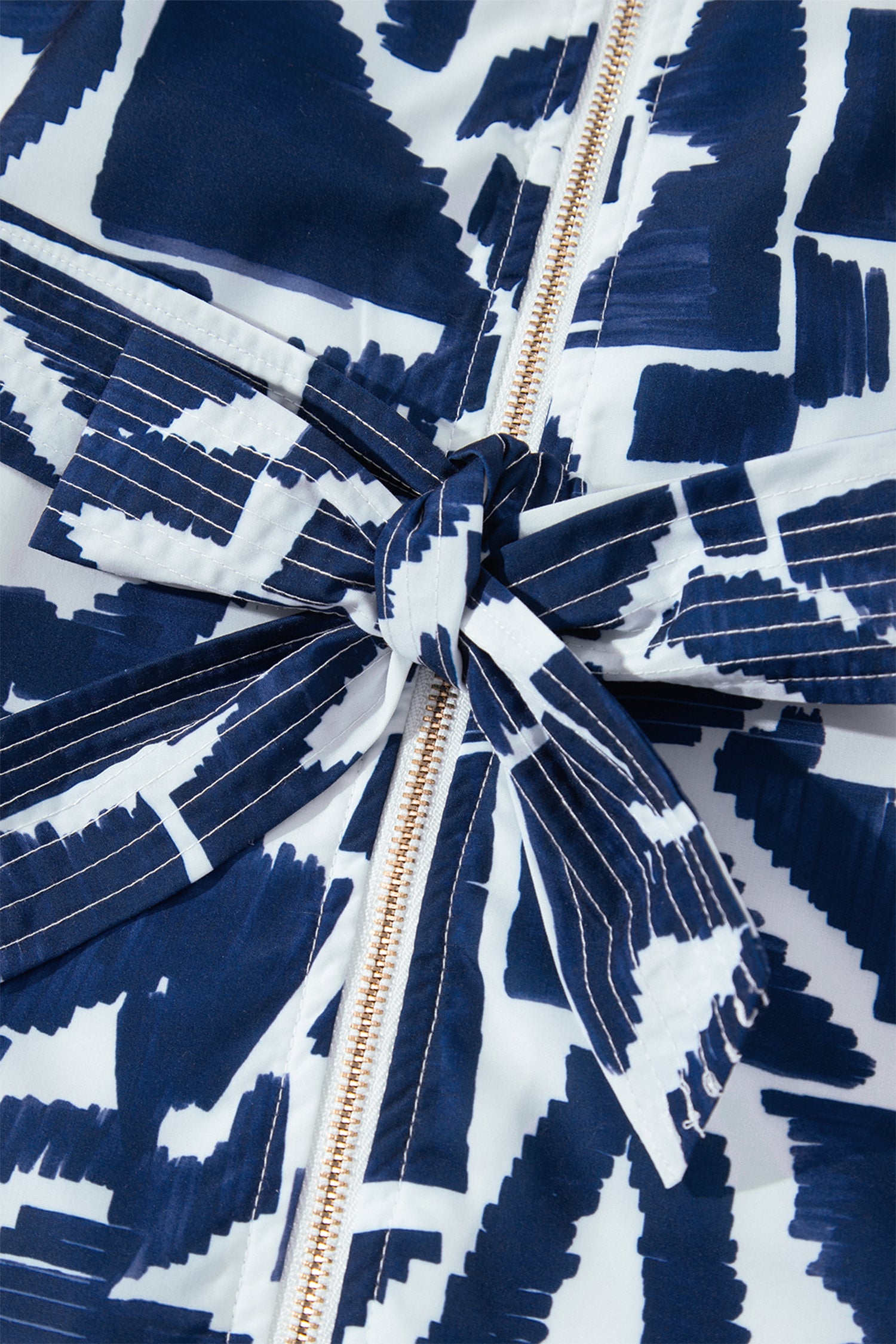 Blue Abstract Geometric Print Zip Front Tie Waist Shift Dress 🇺🇸