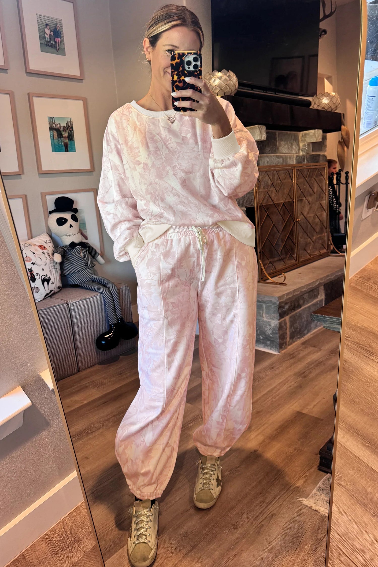 Pink Abstract Print Drop Shoulder Drawstring Waist Drawstring Hem Pant Set 🇺🇸