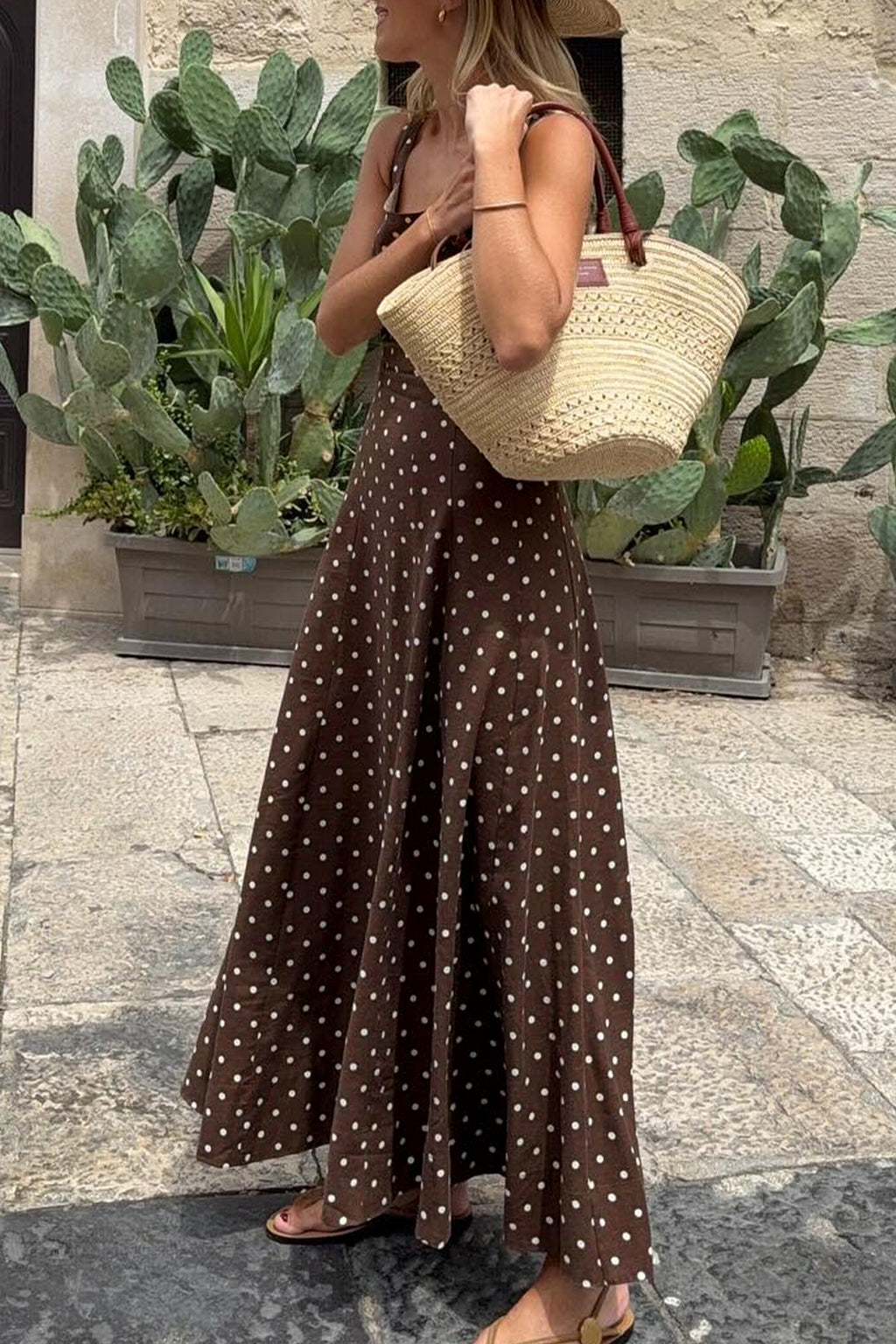 Brown Polka Dot Print Square Neck Sleeveless Vacation Long Dress 🇺🇸