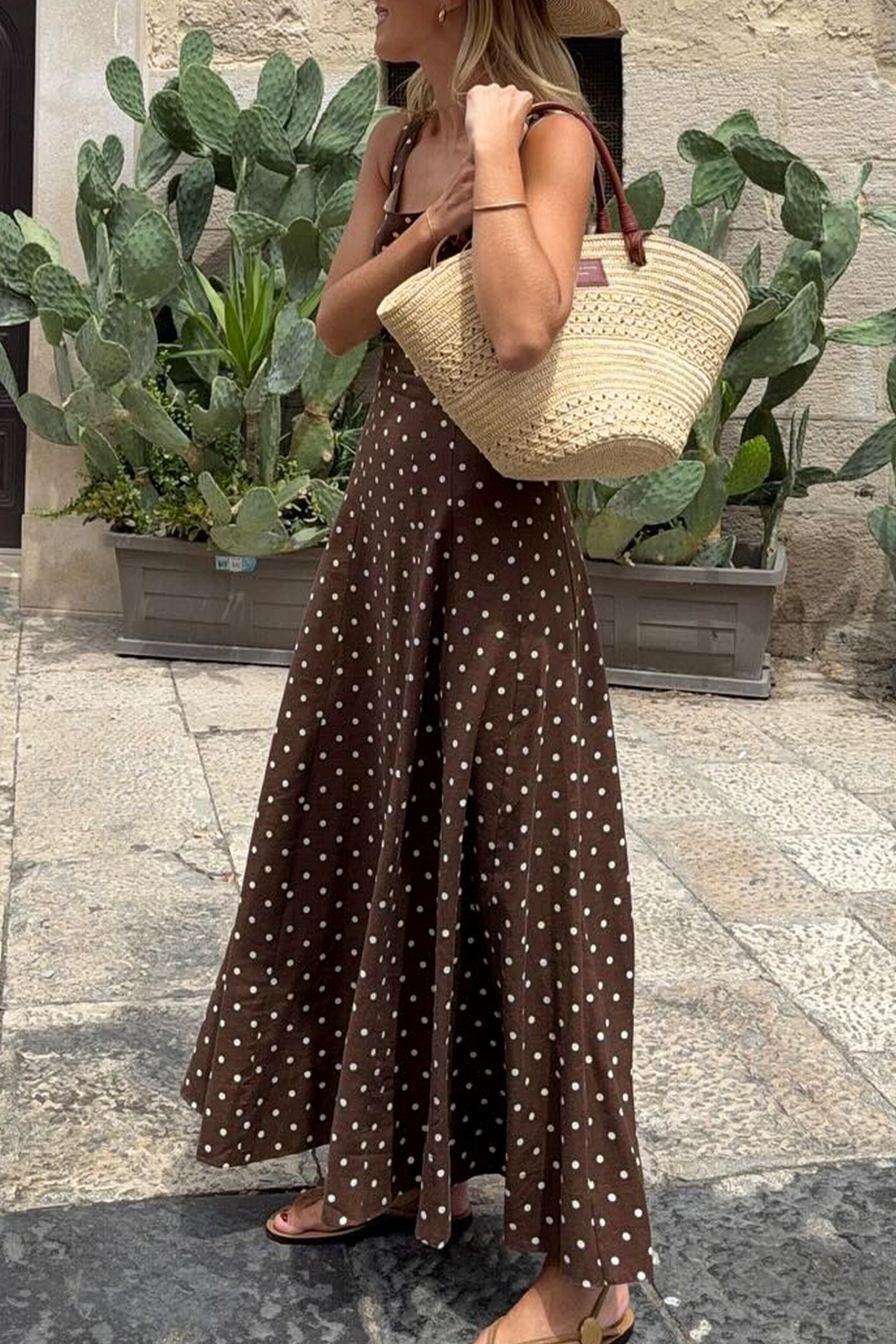 Brown Polka Dot Print Square Neck Sleeveless Vacation Long Dress 🇺🇸