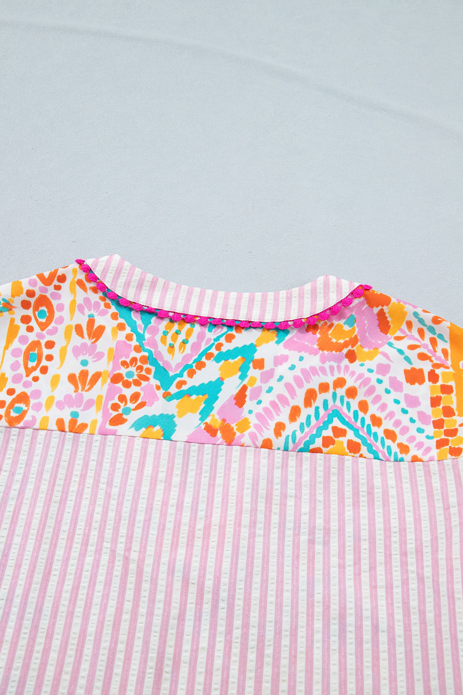Rose Boho Mixed Print Contrast Trim Striped Patchwork Tiered Short Sleeve Blouse 🇺🇸