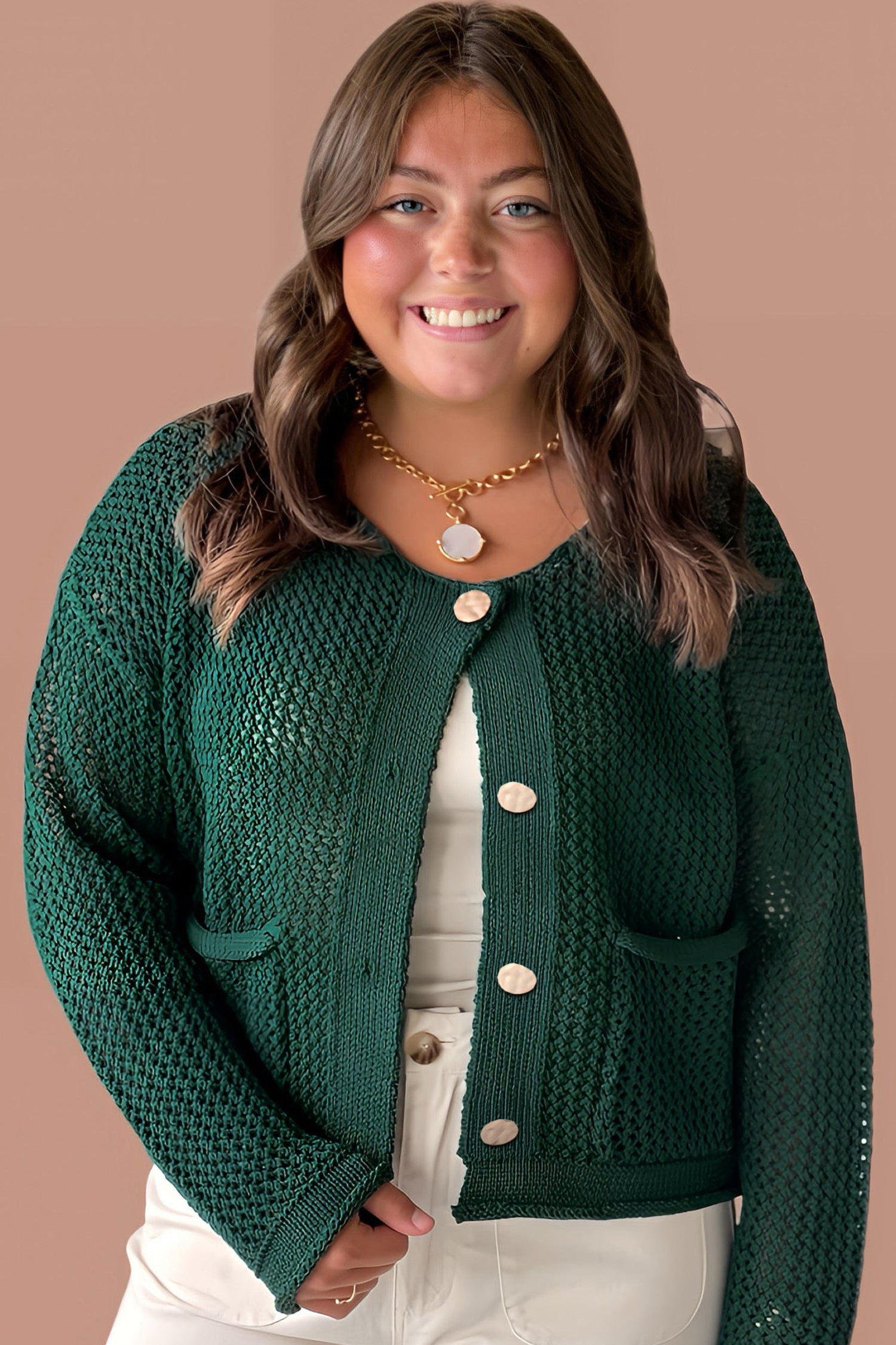 Blackish Green Plus Size Golden Accent Buttons Short Sweater Cardigan 🇺🇸