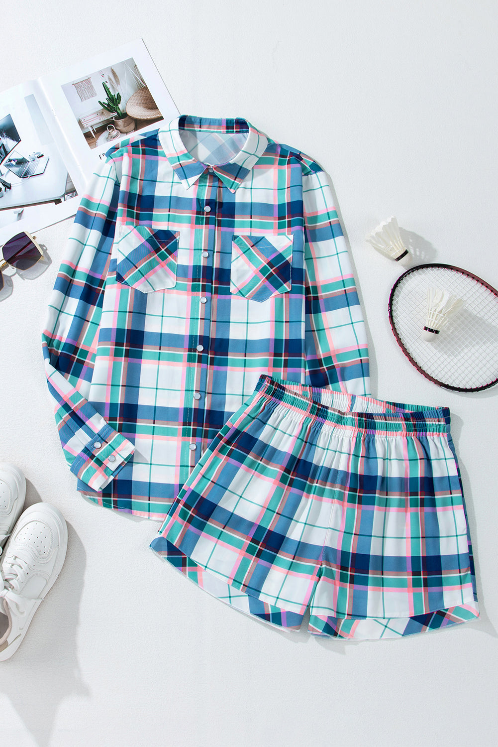 Blue Plaid Print Shirt and Shorts 2Pcs Lounge Set 🇨🇳