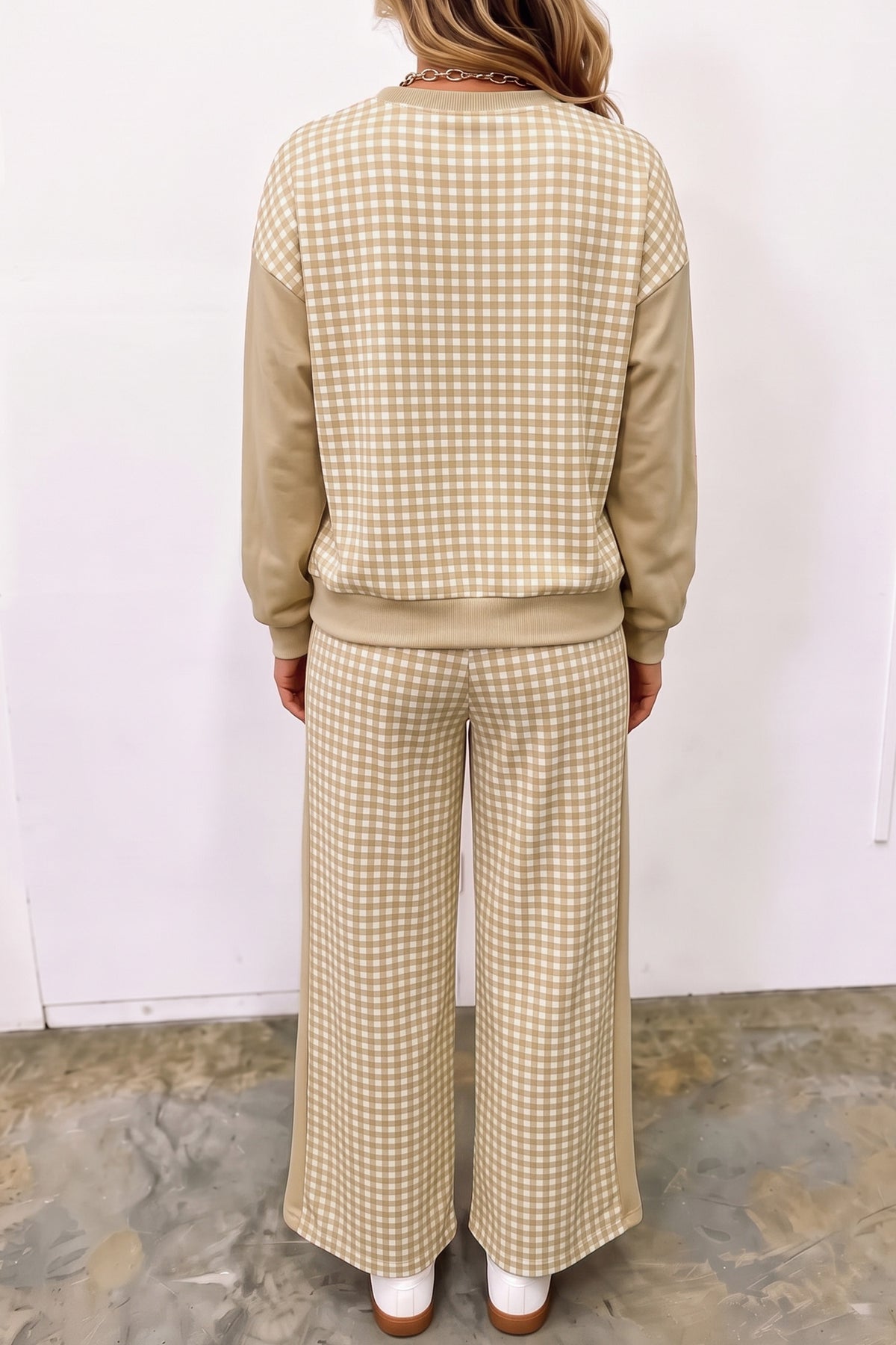 Khaki Color Block Plaid Patchwork Long Sleeve Pullover Wide Leg Pant Set 🇺🇸
