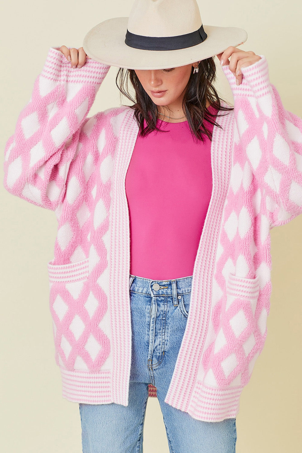 Pink Rhombus Pattern Knit Open Front Pocketed Cardigans 🇺🇲