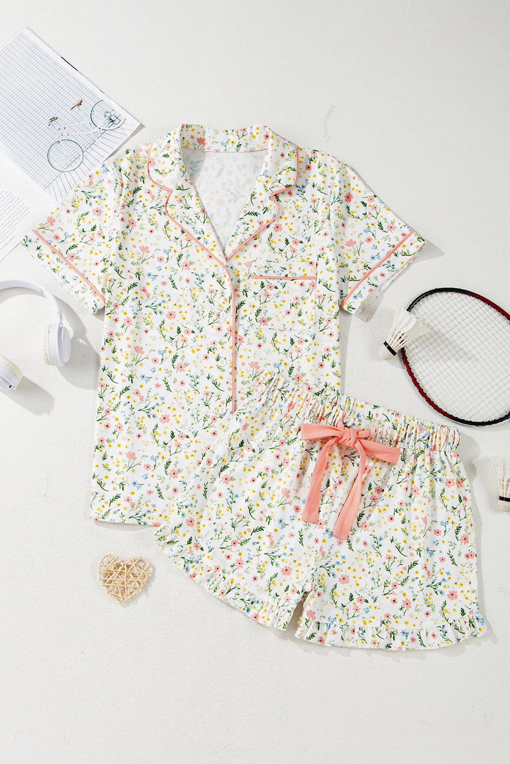 White Floral Print Contrast Pipping Short Pajamas Set 🇨🇳