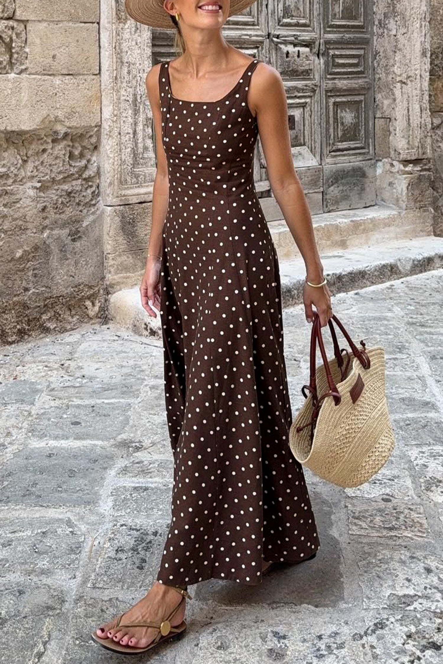 Brown Polka Dot Print Square Neck Sleeveless Vacation Long Dress 🇺🇸