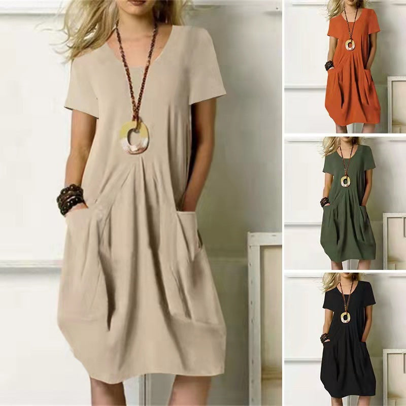 Cotton And Linen Solid Color Loose Round Neck Short Sleeve Dress 🇨🇳