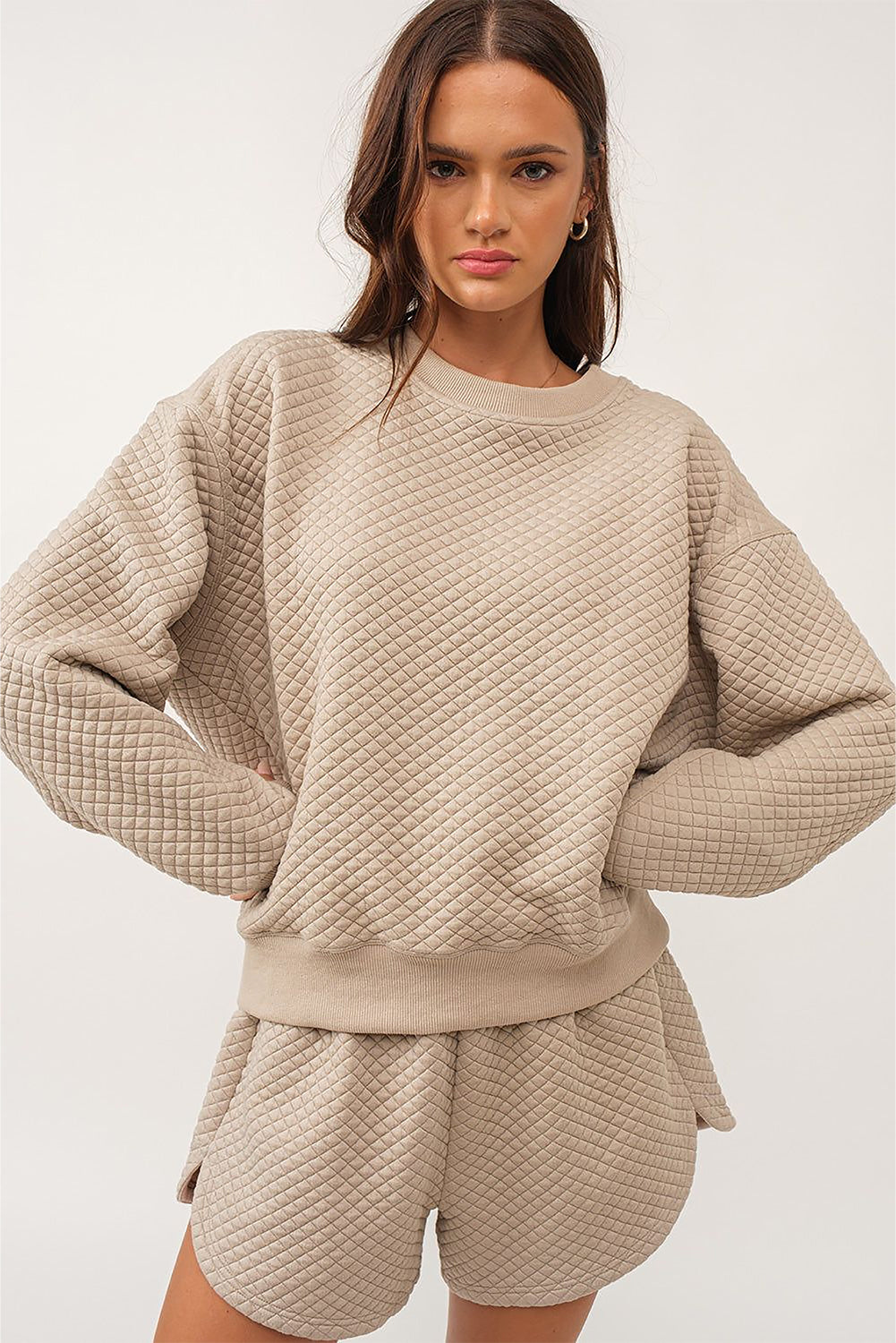 Parchment Solid Color Quilted Long Sleeve Top and Shorts Set 🇺🇸