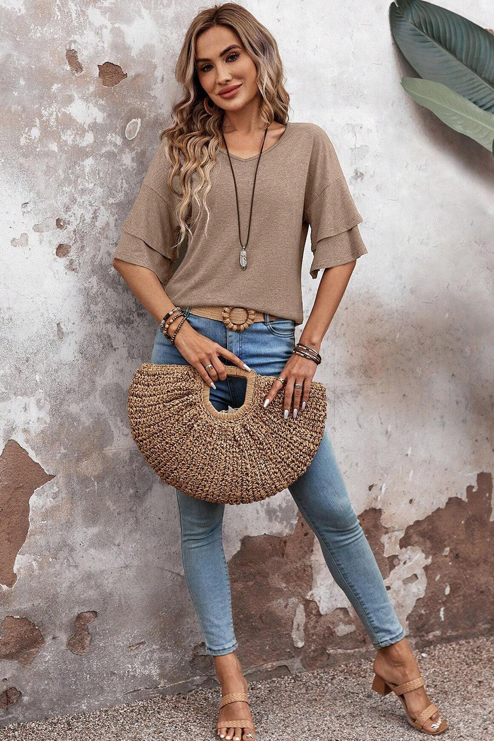 DUNE Solid Colour V-Neck Double Layer Sleeve Loose T-Shirt 🇺🇲