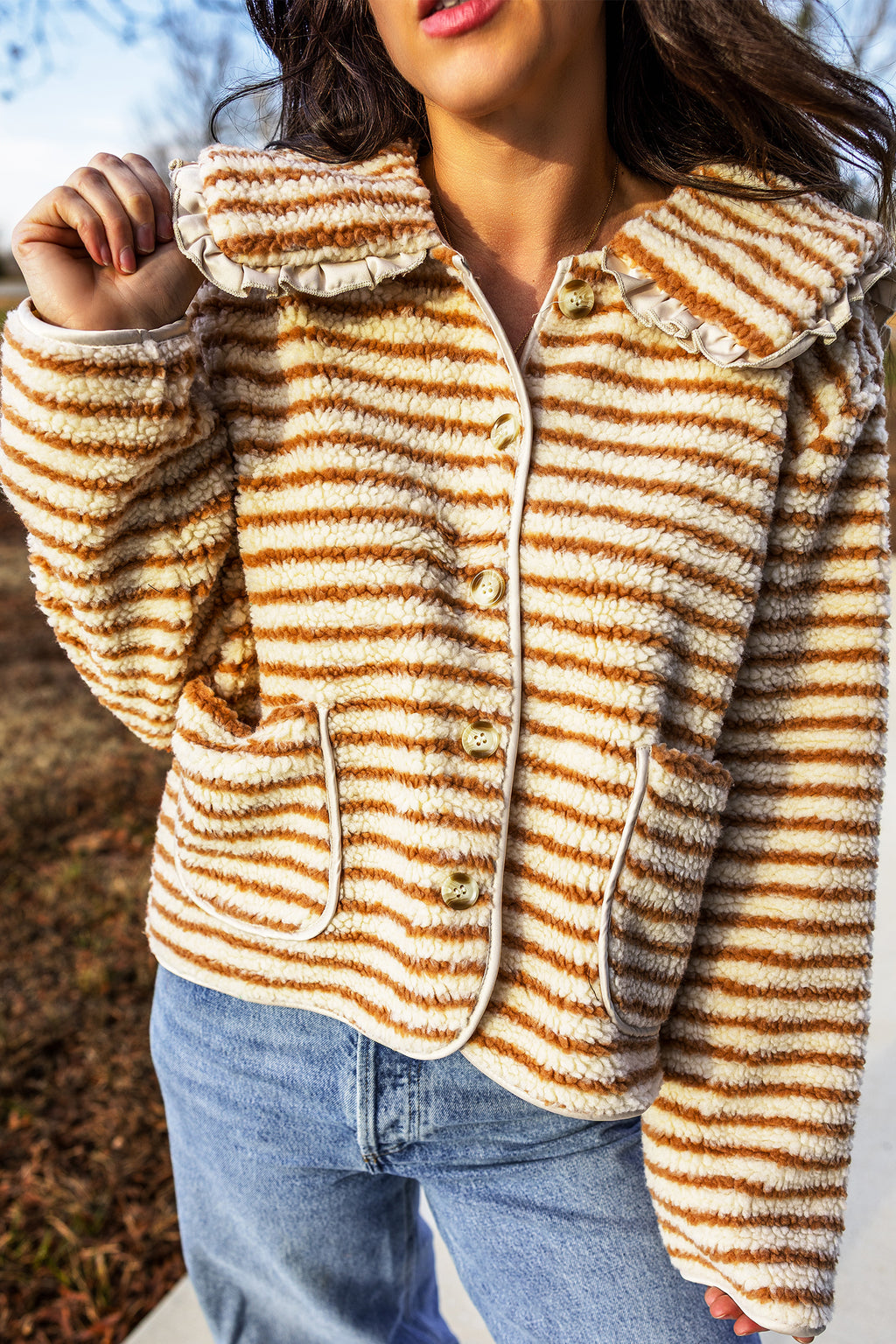 Brown Stripe Striped Fleece Button Front Long Sleeve Regular Fit Jacket 🇺🇸