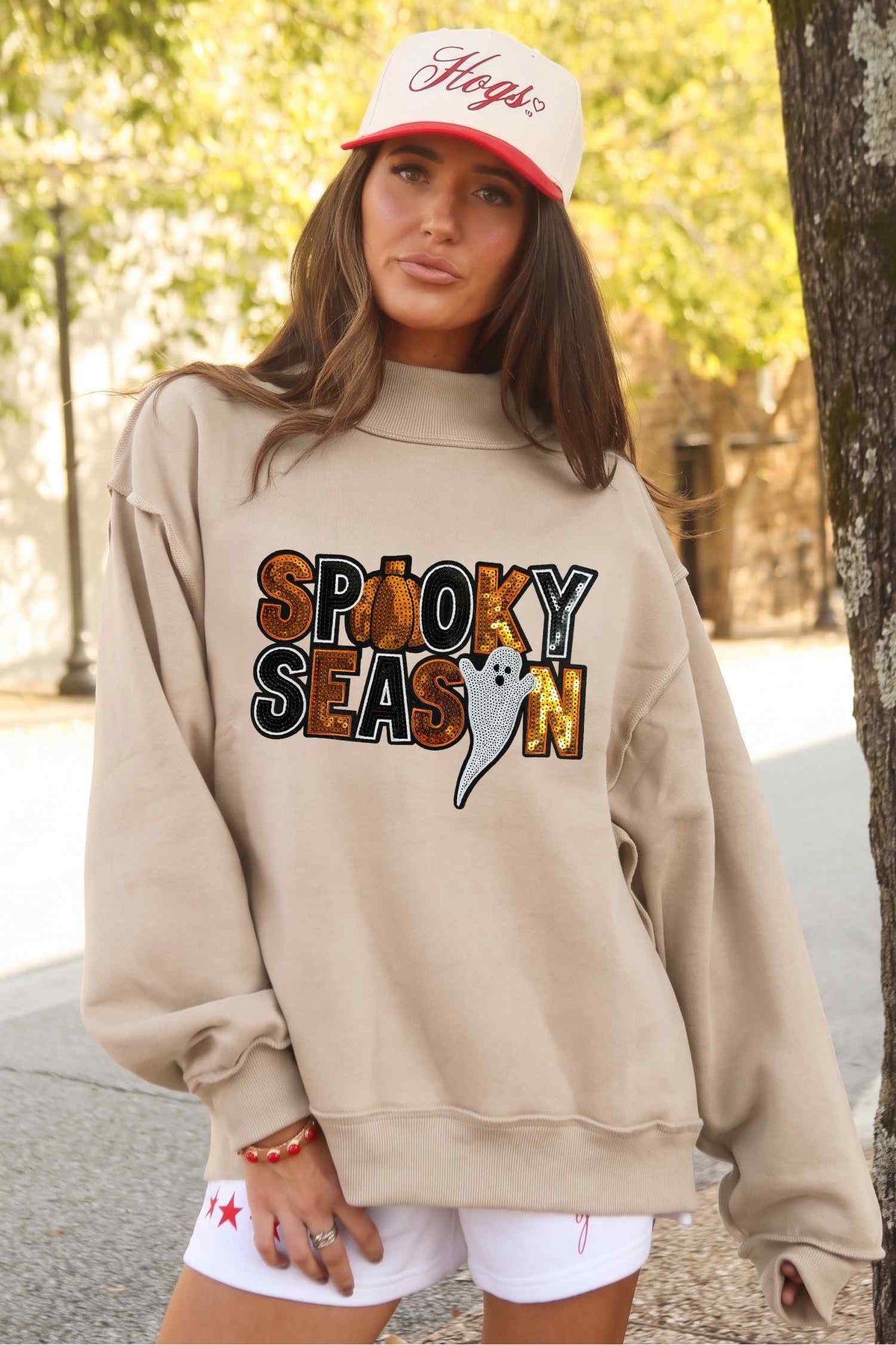 Apricot Sequin Spooky Season Graphic Mock Neck Halloween Sweatshirt 🇺🇸