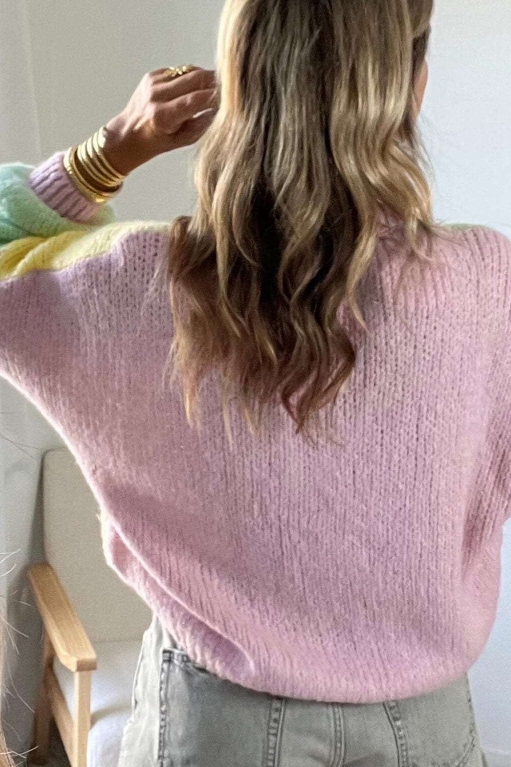 Yellow V Neck Drop Shoulder Patchwork Regular Wash Knitwear Cardigan 🇺🇸