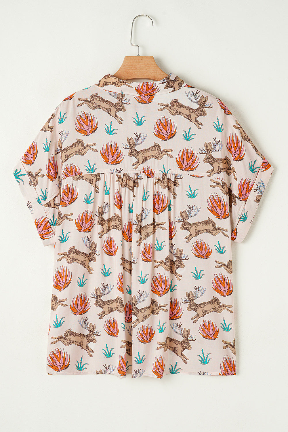 Khaki Plus Size Western Pattern Print Buttoned Short Sleeve Shirt 🇨🇳