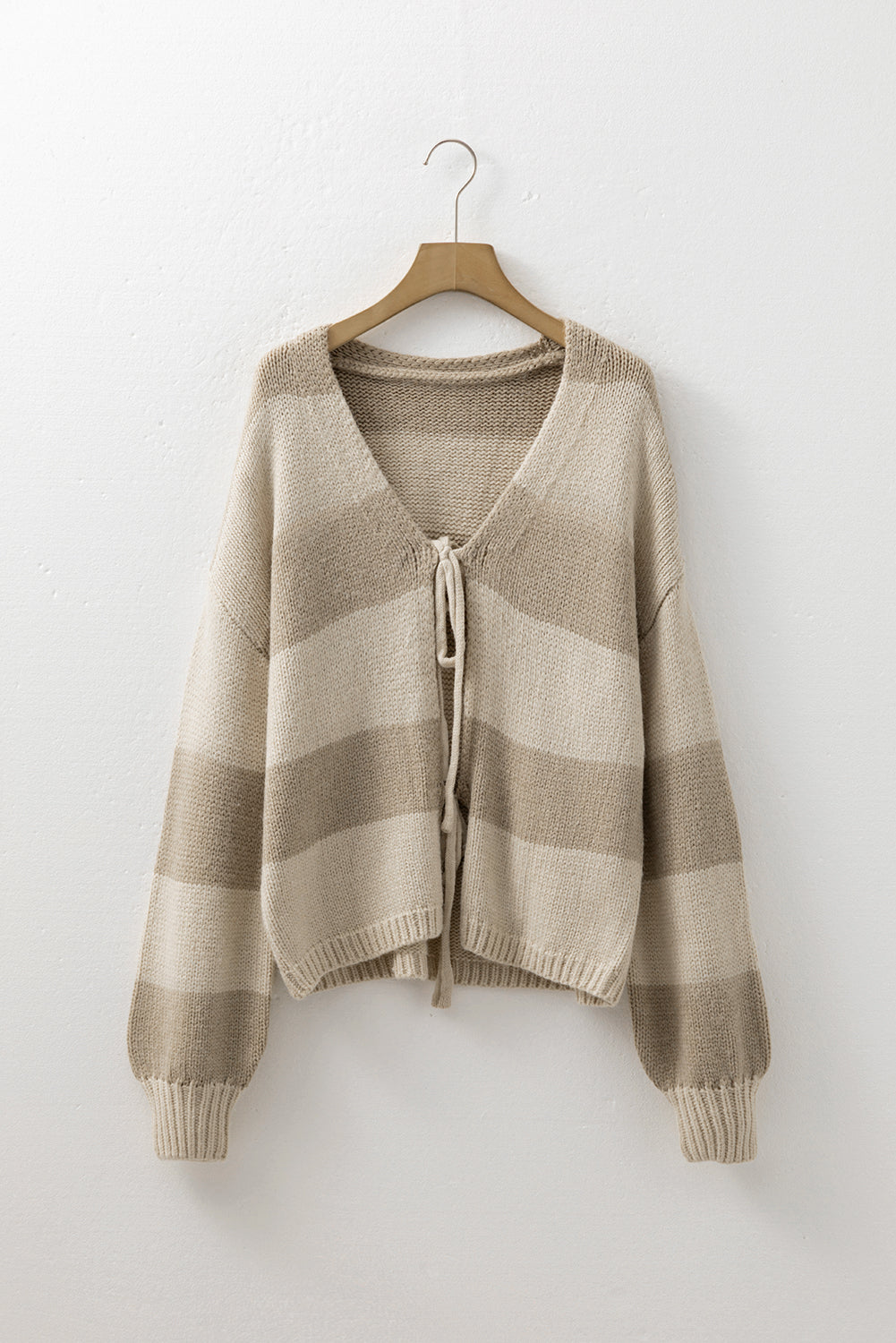 Khaki Striped Color Block Brushed Knit Bow Tie Front Sweater Cardigan 🇺🇲