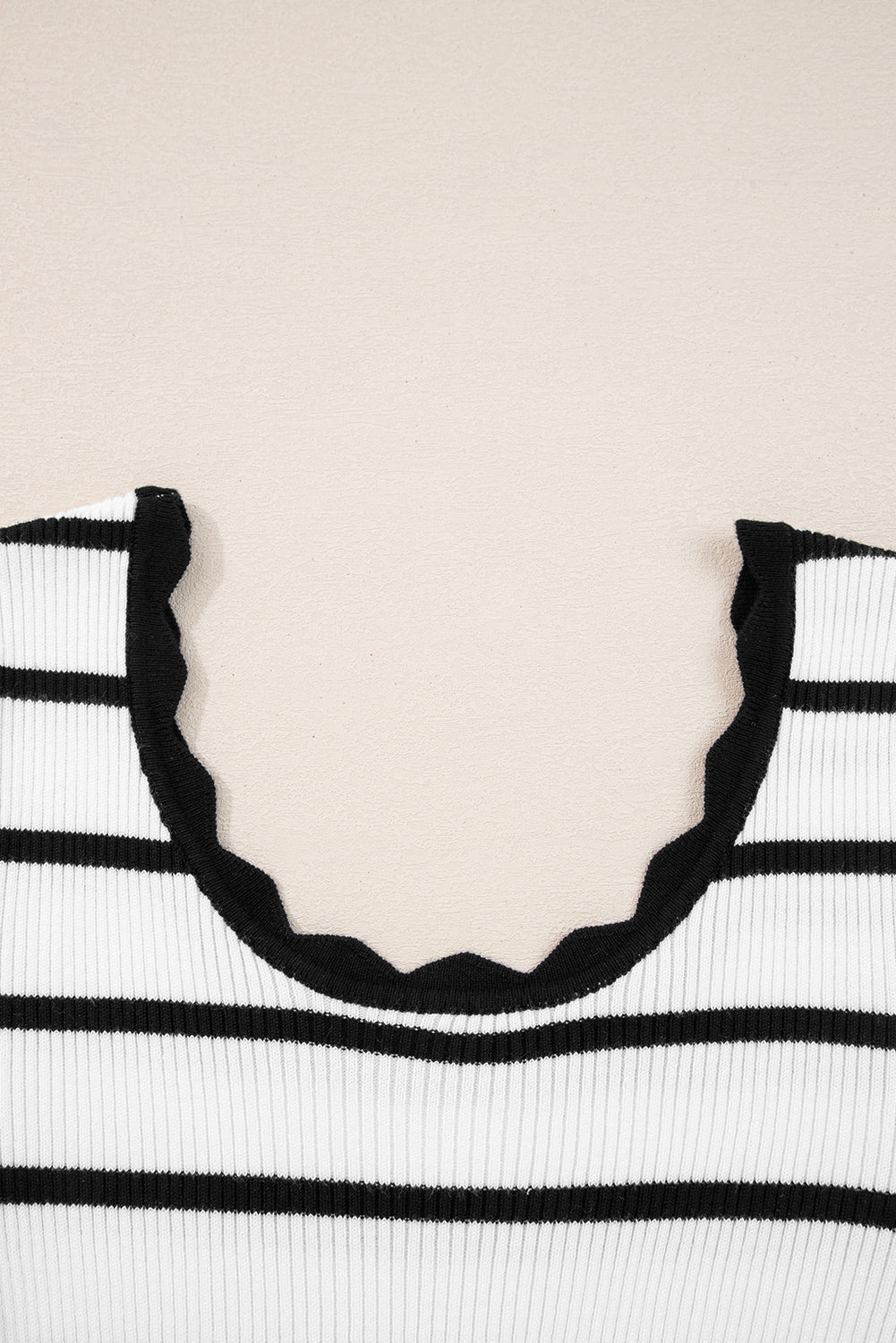 Black white Scalloped Trim U Neck Striped Ribbed Slim Sweater 🇺🇸