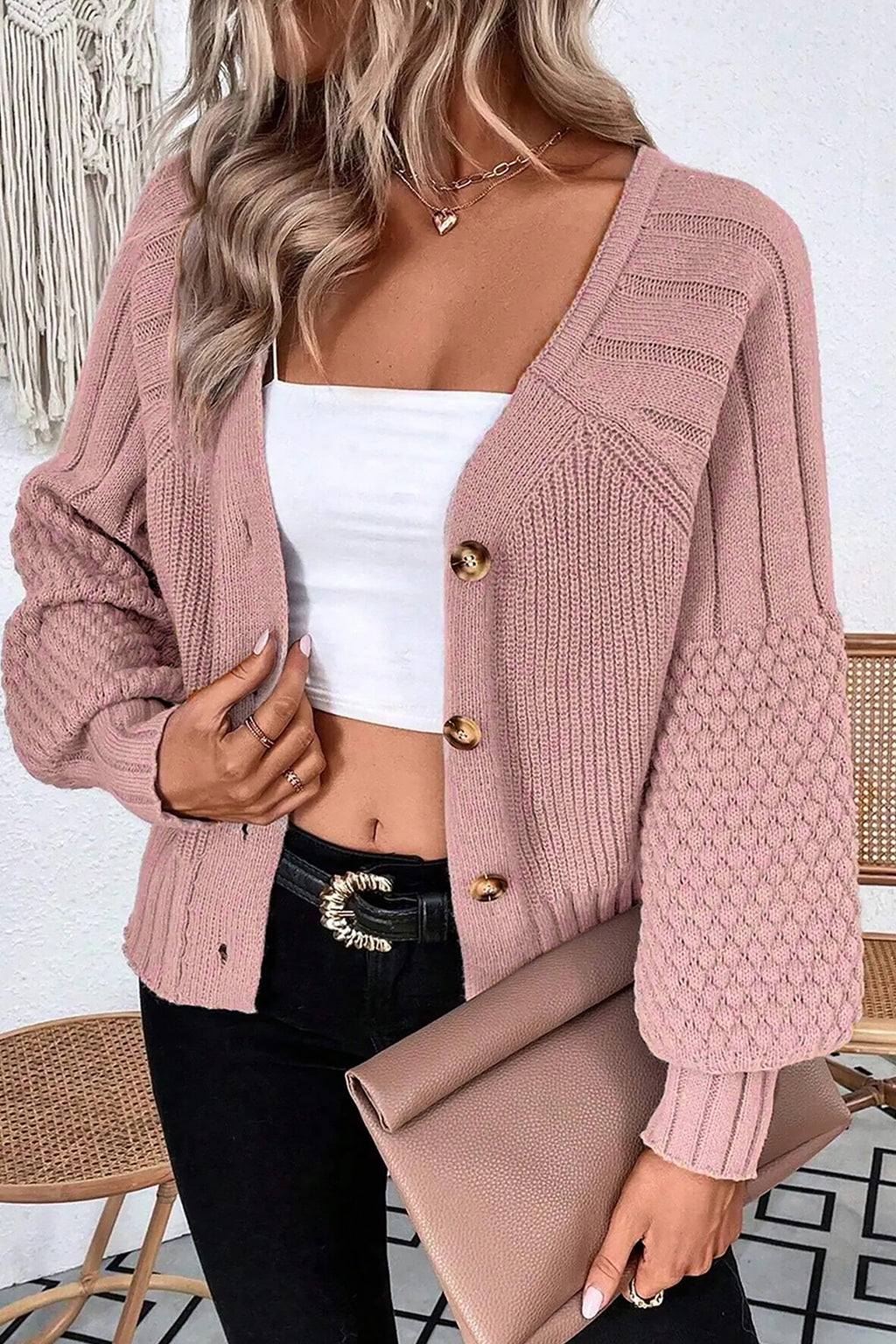 Light Pink Mixed Texture Knit Button V Neck Sweater Cardigan 🇺🇸
