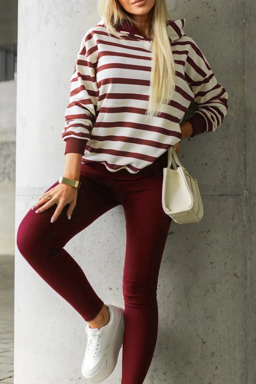 Red Stripe Pullover Hoodie Ribbed Solid Pants 2pcs Set Outfit 🇺🇸