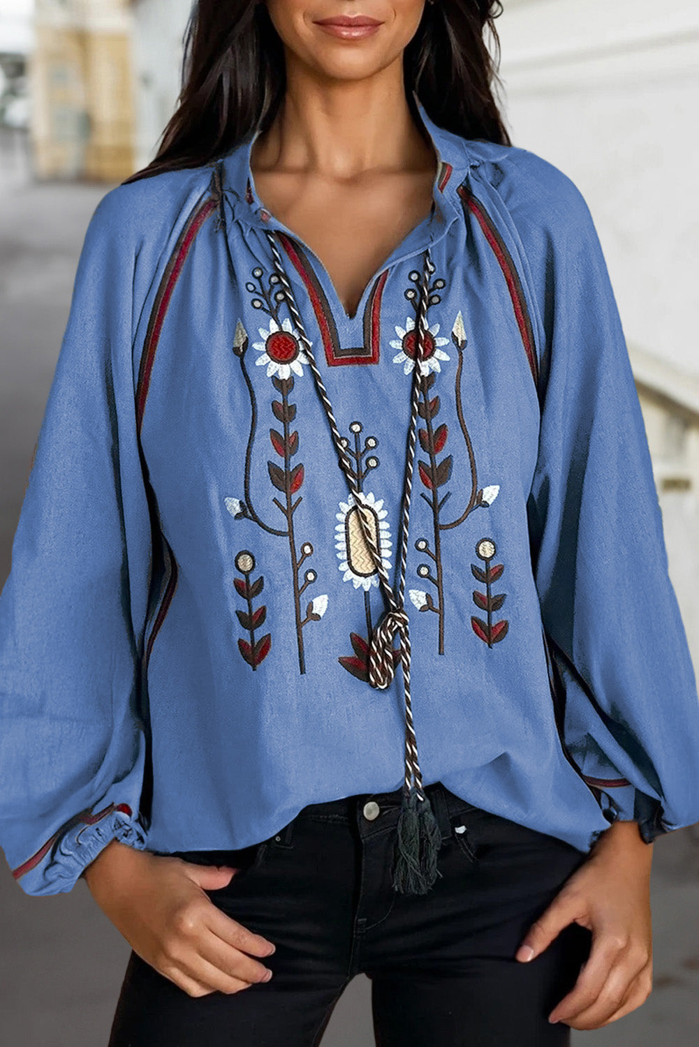 Real Teal Floral Embroidered Split Neck Tassel Tie Puff Sleeve Blouse 🇺🇸