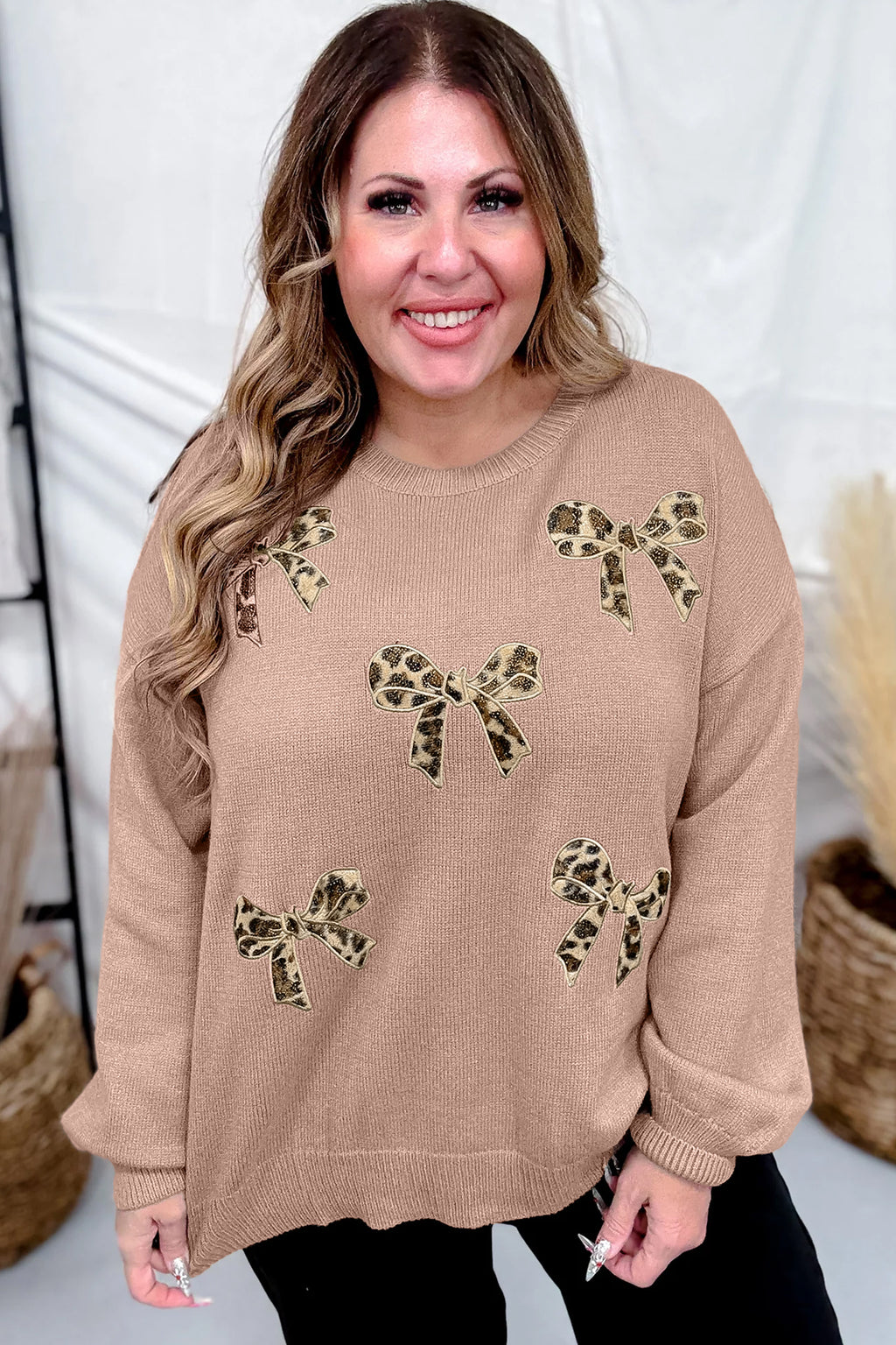 Dark Khaki Leopard Bow Embroidery Drop Shoulder Tunic Plus Size Sweater 🇺🇸