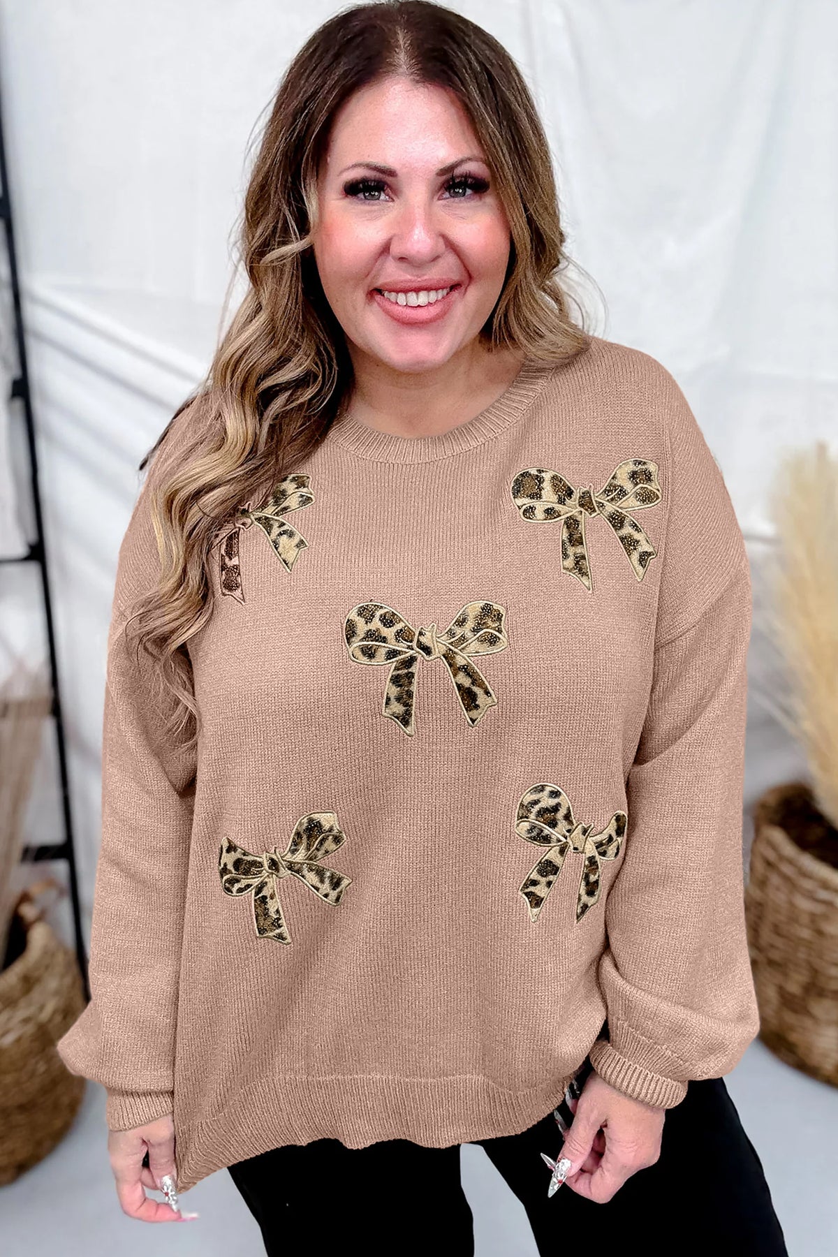 Dark Khaki Leopard Bow Embroidery Drop Shoulder Tunic Plus Size Sweater 🇺🇸