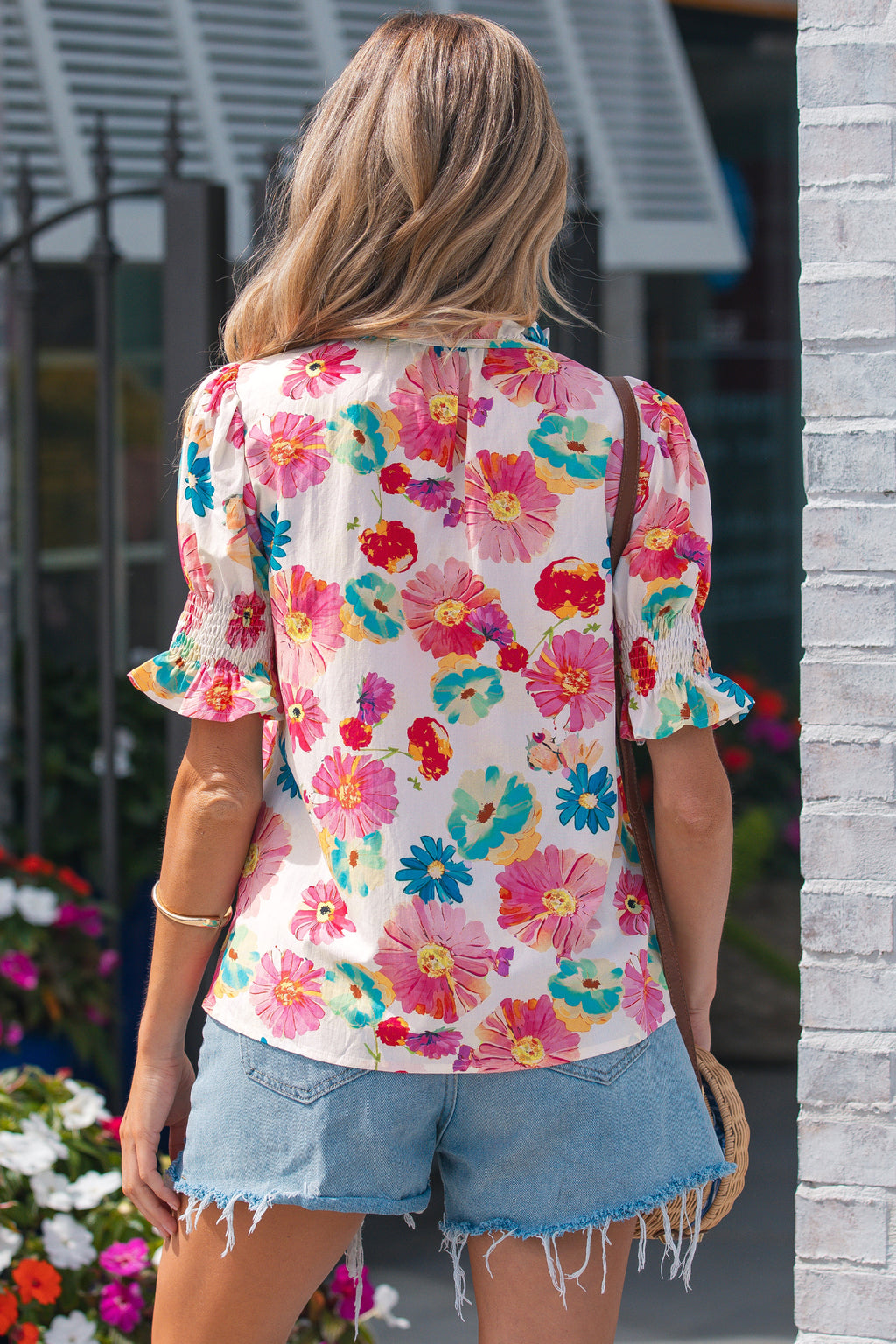 Beige Vibrant Summer Floral Tie V Neck Short Puff Sleeve Blouse 🇺🇸