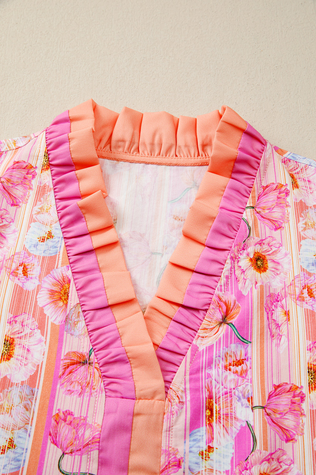 Pink Poppy Flower Striped Print Color Block Trim V Neck Short Sleeve Blouse 🇺🇸