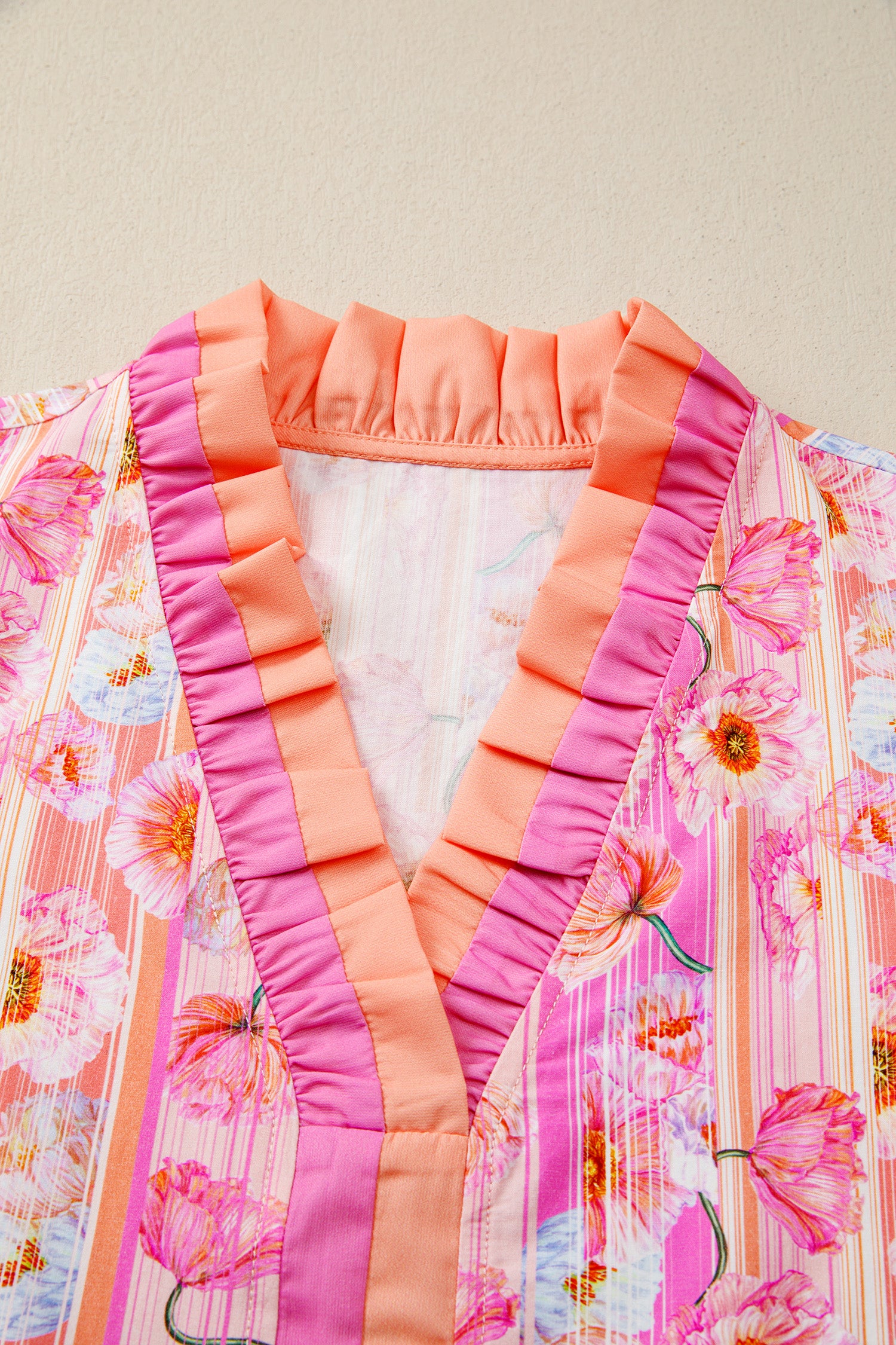 Pink Poppy Flower Striped Print Color Block Trim V Neck Short Sleeve Blouse 🇺🇸