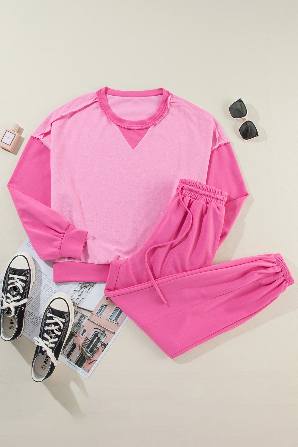 Bonbon Contrast Patchwork Pullover and Drawstring Joggers Set 🇨🇳