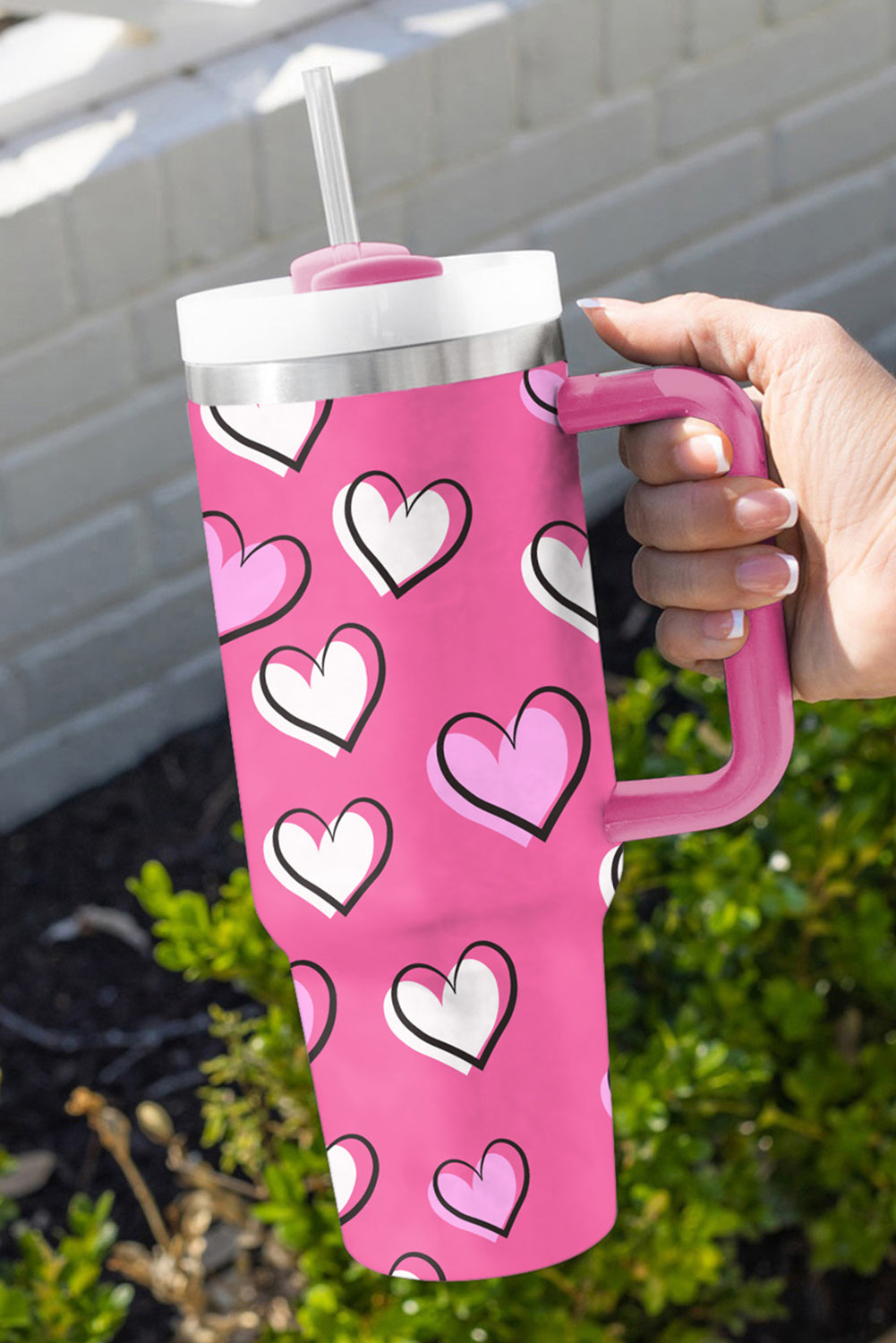 Rose Red Heart Printed Thermos Cup with Handle 40oz 🇺🇸