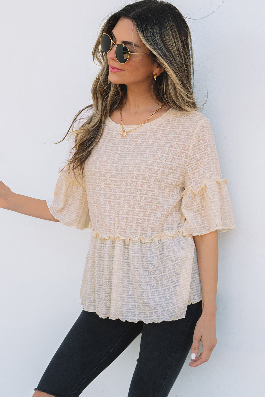 Beige Solid Color Textured Ruffled Short Sleeve Blouse 🇺🇸