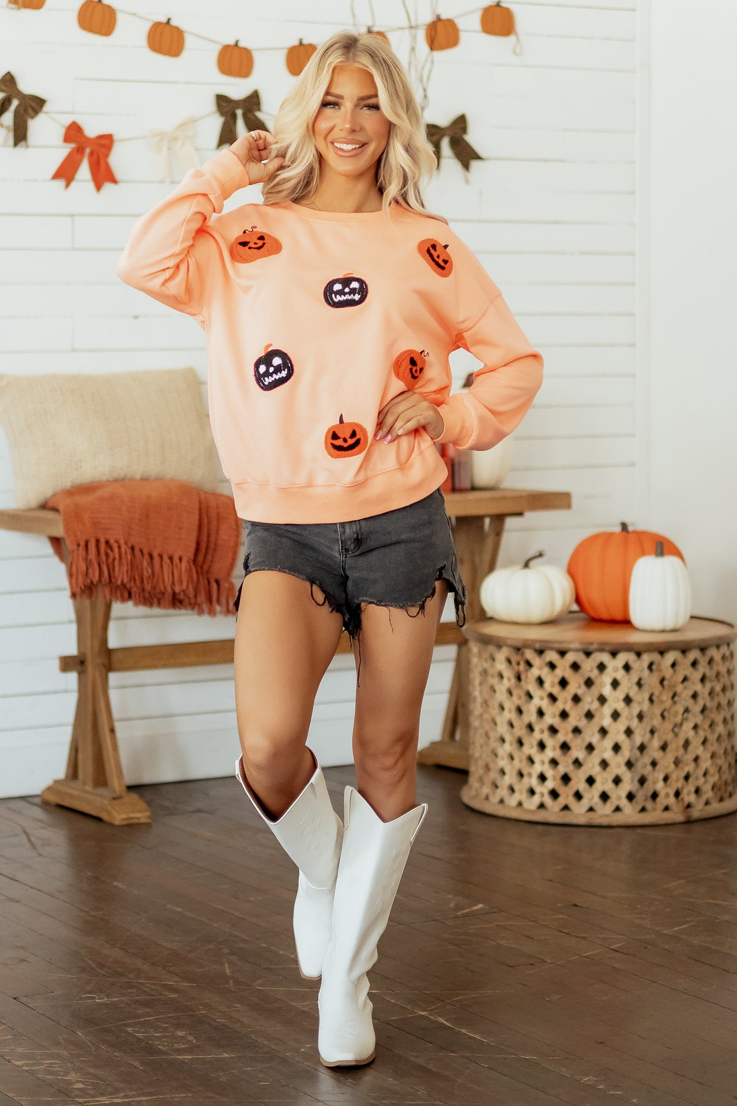 Orange Embroidered Pumpkin Face Drop Shoulder Sweatshirt 🇺🇸