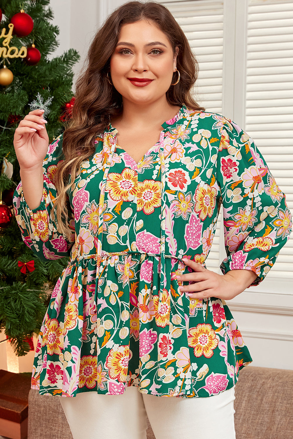 Green Floral Tied V Neck Long Sleeve Plus Size Babydoll Top 🇺🇸
