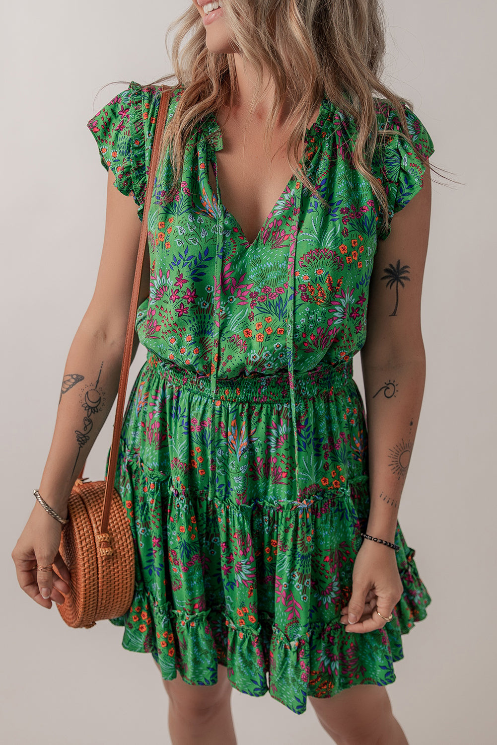 Green Floral Tie Split Neck Frilly Ruffle Trim Tiered Short Dress 🇺🇸